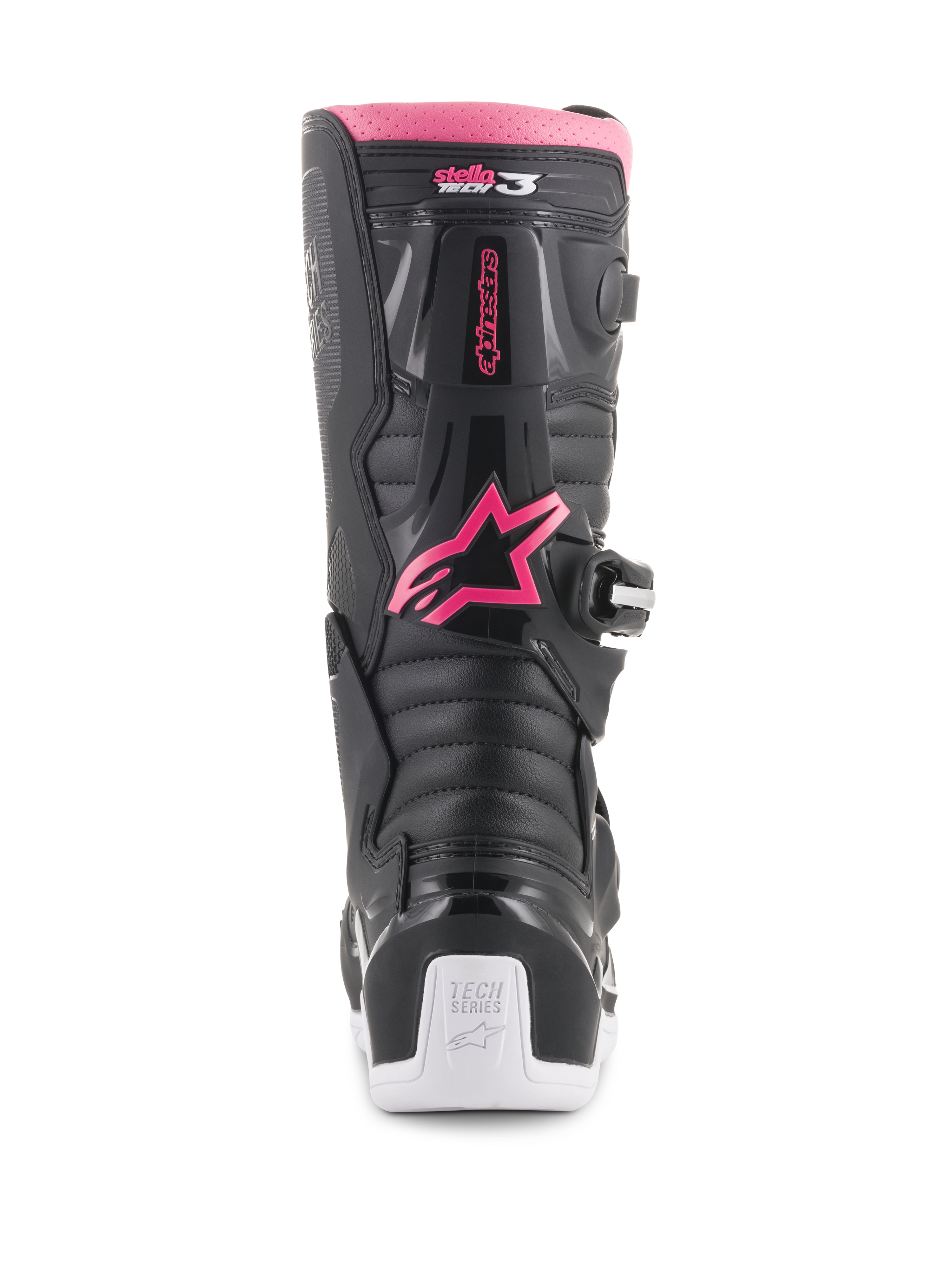 Alpinestars Stella Tech 3 dameslaarzen, motorcrosslaarzen, zwart, wit en roze, achteraanzicht met roze Alpinestars sterlogo, roze bovenrand, zwarte getextureerde panelen en witte hiel met Tech Series-branding