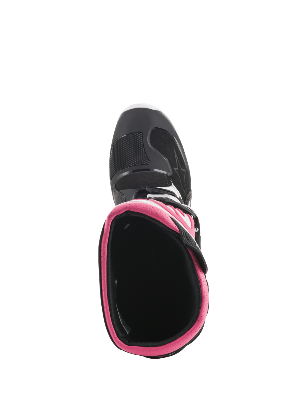 Alpinestars Stella Tech 3 dameslaarzen, motorcrosslaarzen, zwart, wit en roze, bovenaanzicht met roze binnenkraag en neuskap, duurzaam schoeisel voor off-road racen