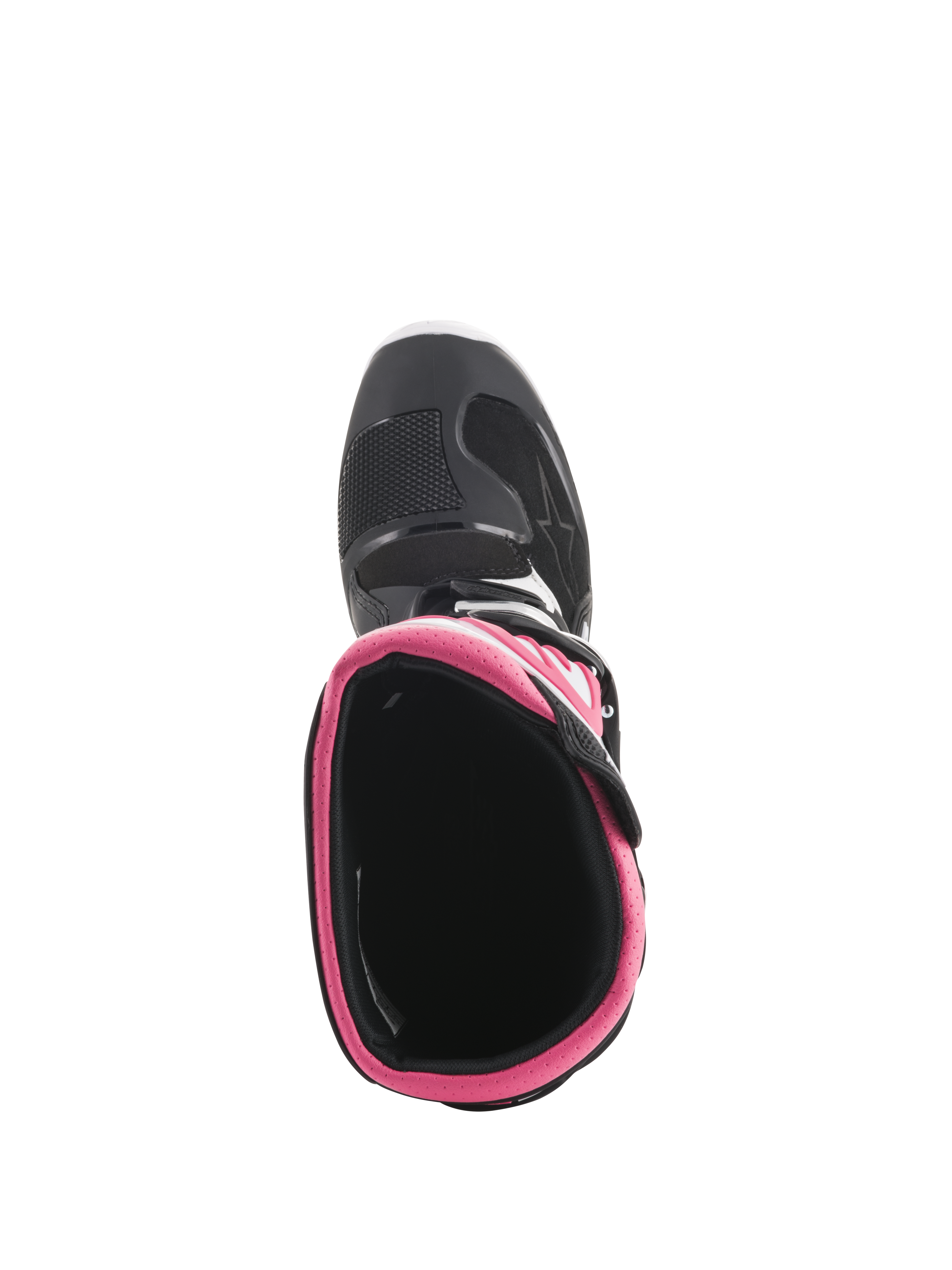 Alpinestars Stella Tech 3 dameslaarzen, motorcrosslaarzen, zwart, wit en roze, bovenaanzicht met roze binnenkraag en neuskap, duurzaam schoeisel voor off-road racen