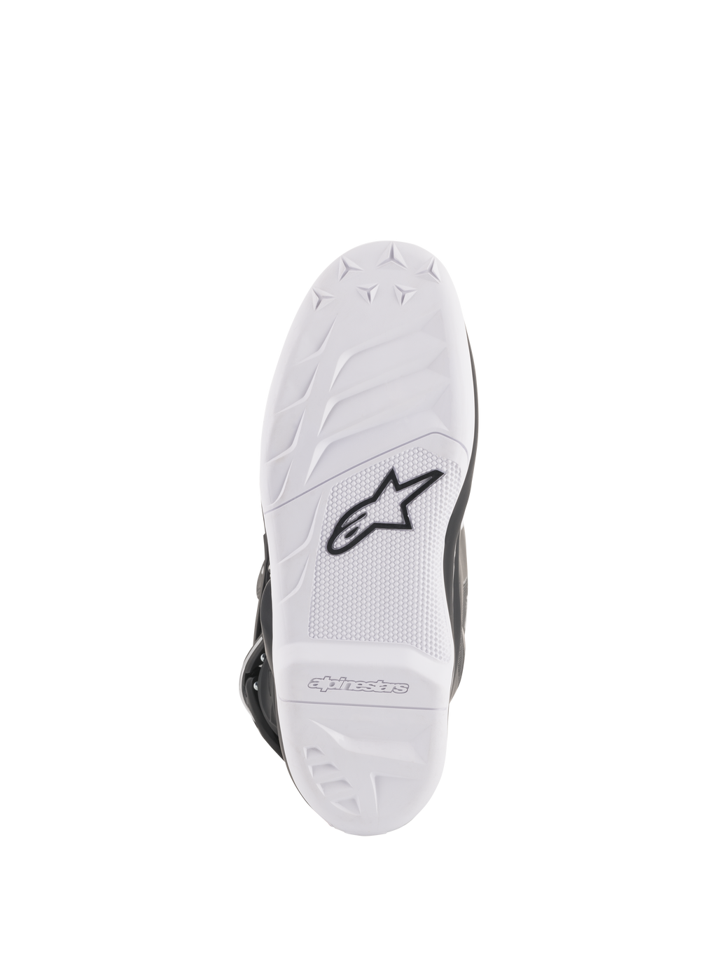 Alpinestars Stella Tech 3 dameslaarzen, weergave van de zool, witte rubbersamenstelling met zwart Astar-logo, getextureerde grippatronen en branding in reliëf, duurzame en vervangbare motorcrosslaarszool