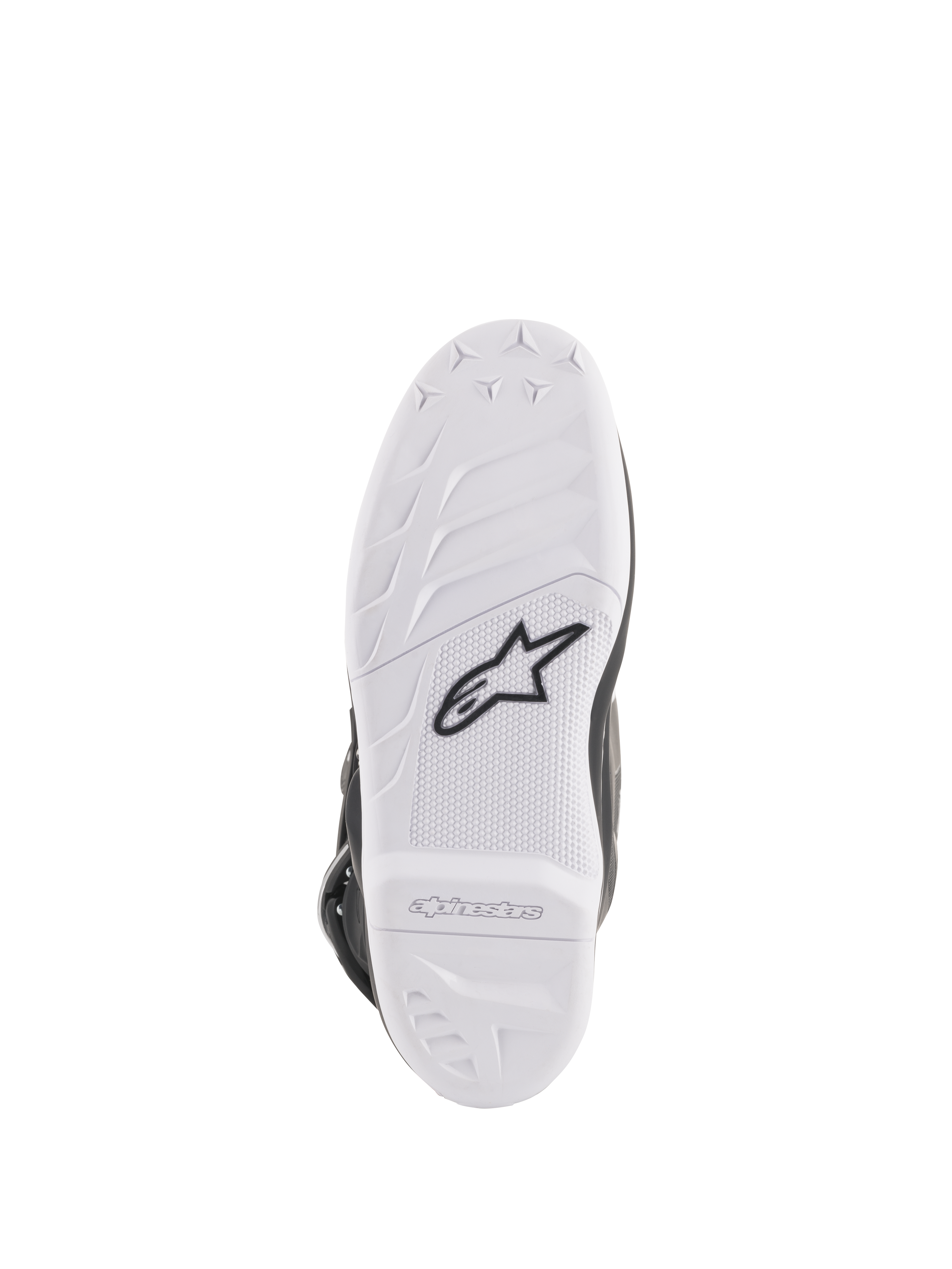 Alpinestars Stella Tech 3 dameslaarzen, weergave van de zool, witte rubbersamenstelling met zwart Astar-logo, getextureerde grippatronen en branding in reliëf, duurzame en vervangbare motorcrosslaarszool