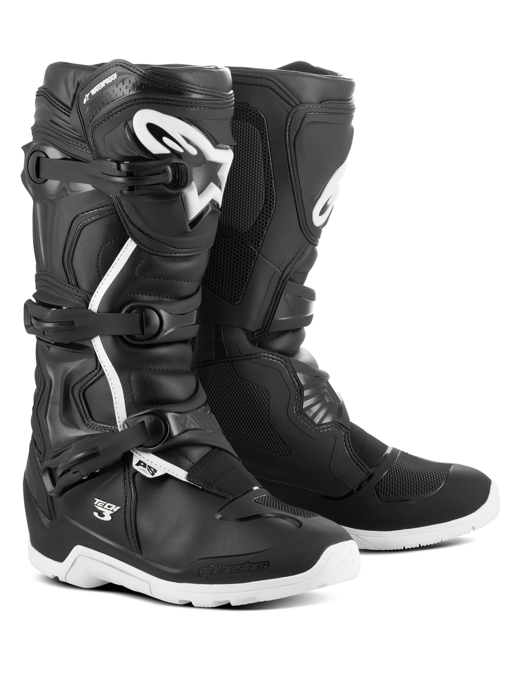 Alpinestars Tech 3 Enduro Waterproof laarzen, motorcross- en off-roadlaarzen, zwart en wit, voorzien van een sluitsysteem met drie gespen, wit TPU-logo op het scheenbeen, versterkte enkel- en hielbescherming en duurzame witte zolen.