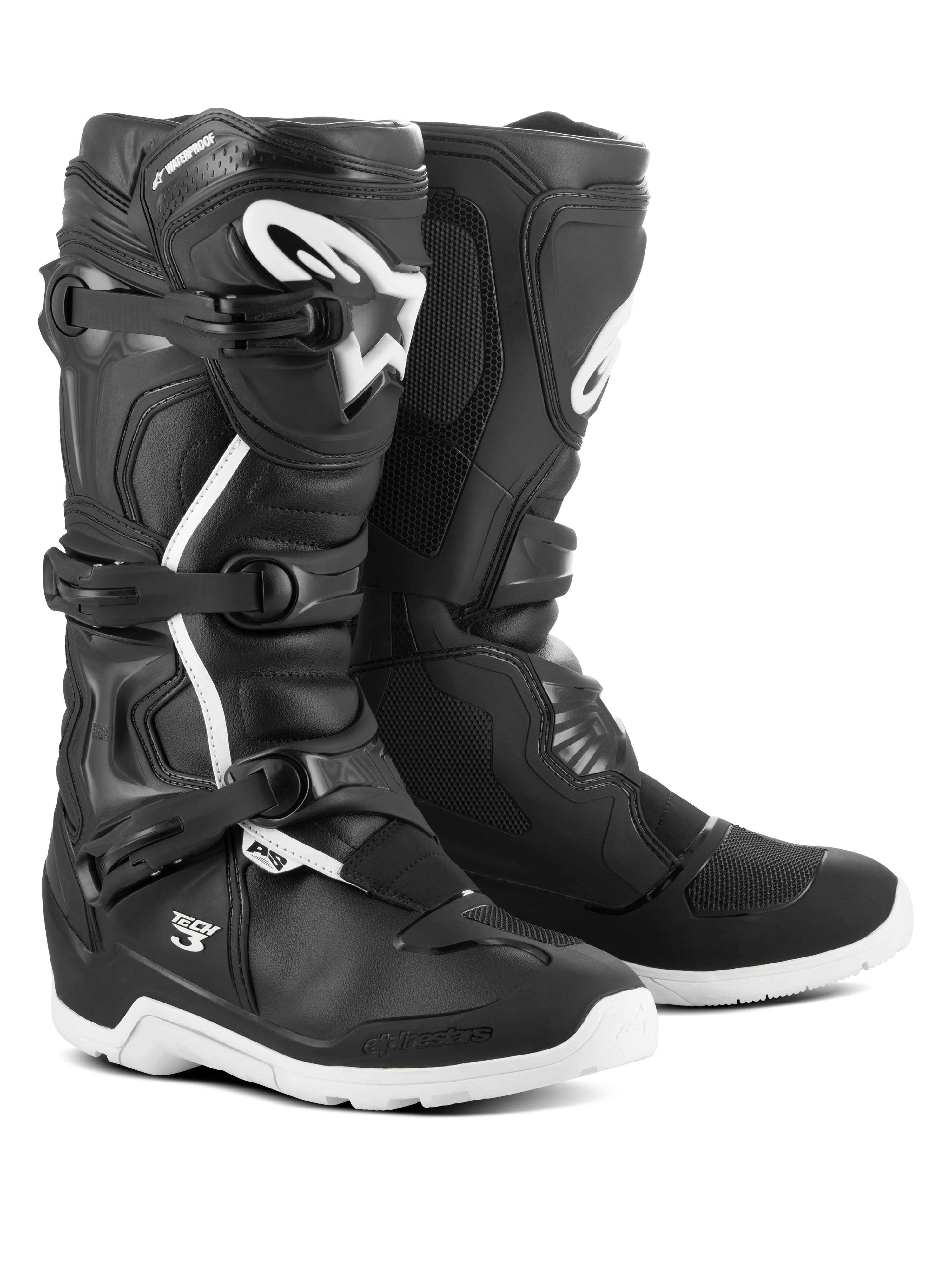 Alpinestars Tech 3 Enduro Waterproof laarzen, motorcross- en off-roadlaarzen, zwart en wit, voorzien van een sluitsysteem met drie gespen, wit TPU-logo op het scheenbeen, versterkte enkel- en hielbescherming en duurzame witte zolen.