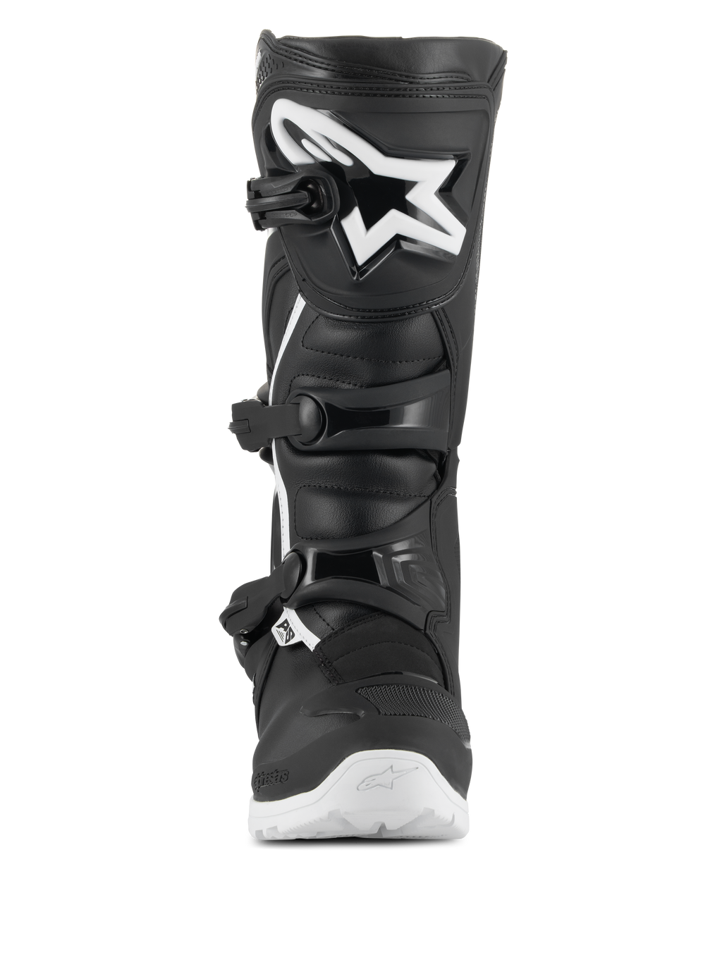 Alpinestars Tech 3 Enduro Waterproof laarzen, motorcross- en enduro-laarzen, zwart en wit, vooraanzicht met een groot wit ster-logo op de TPU-scheenplaat, drievoudig gespsluitingssysteem en robuuste witte zool voor off-road tractie.