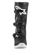 Alpinestars Tech 3 Enduro Waterproof laarzen, motorcross- en enduro-laarzen, zwart en wit, vooraanzicht met een groot wit ster-logo op de TPU-scheenplaat, drievoudig gespsluitingssysteem en robuuste witte zool voor off-road tractie.