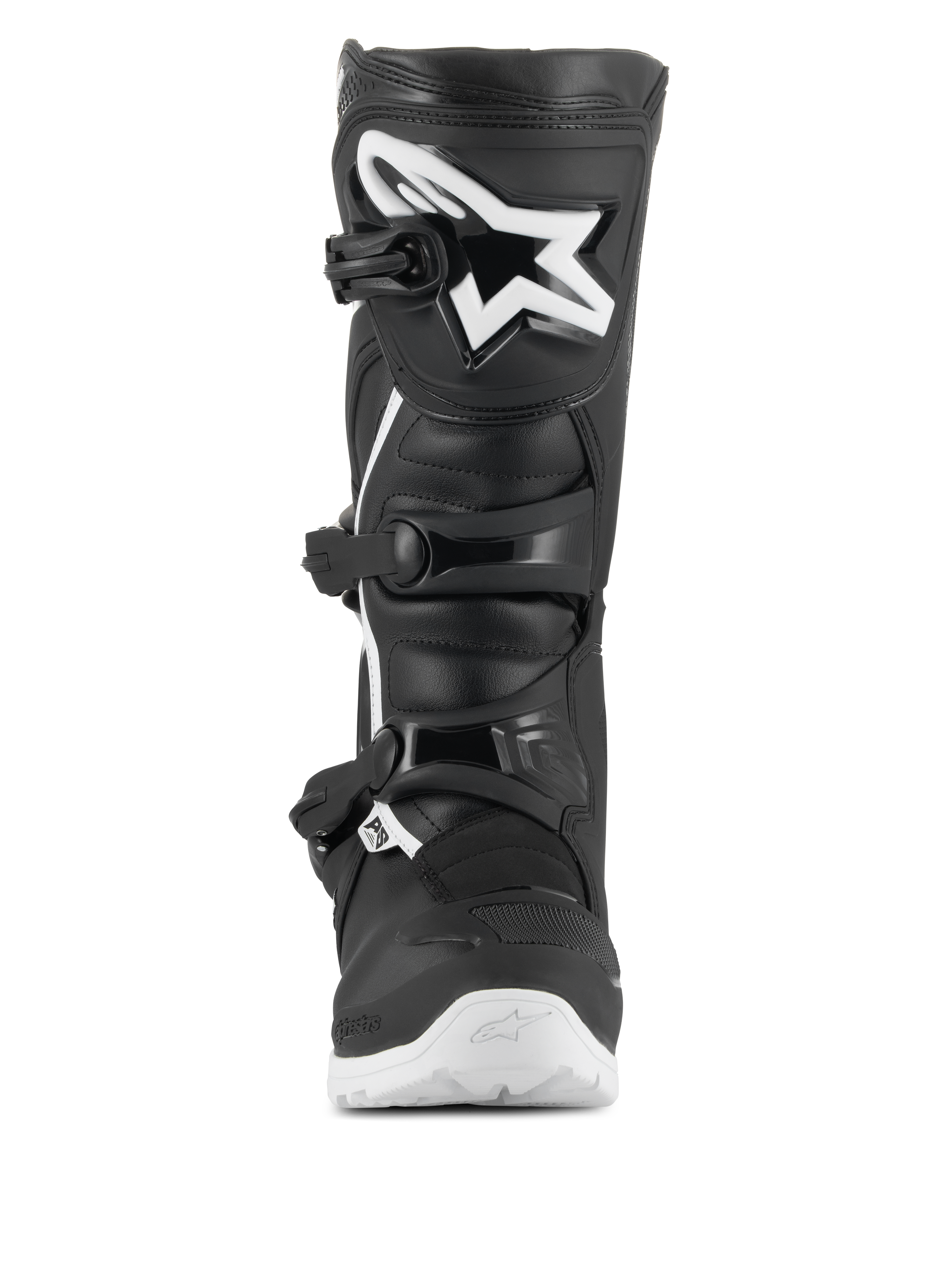 Alpinestars Tech 3 Enduro Waterproof laarzen, motorcross- en enduro-laarzen, zwart en wit, vooraanzicht met een groot wit ster-logo op de TPU-scheenplaat, drievoudig gespsluitingssysteem en robuuste witte zool voor off-road tractie.