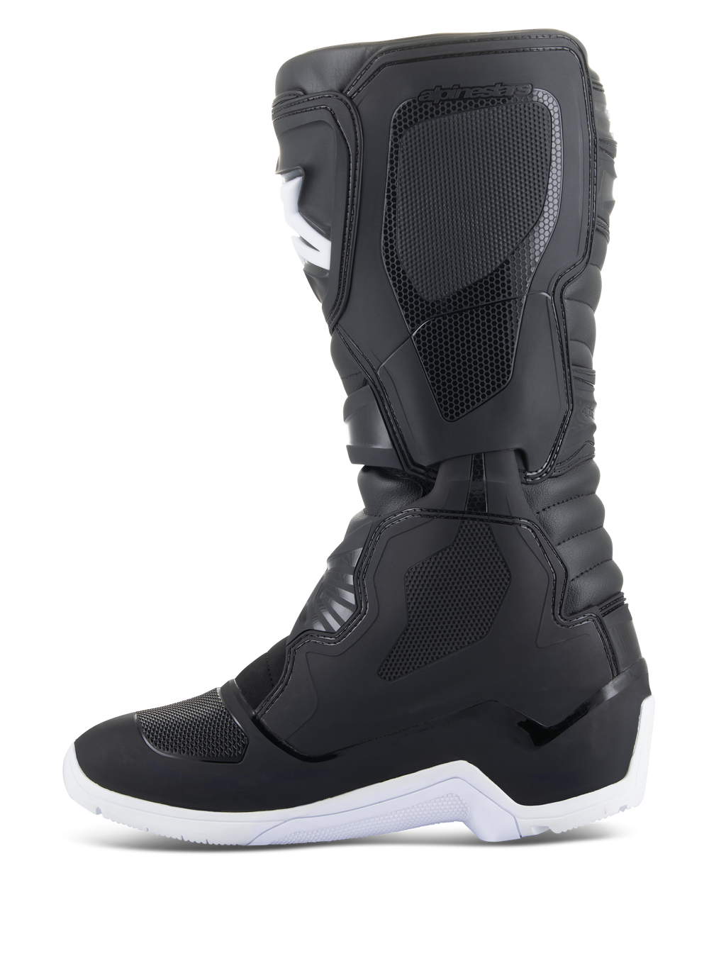 Alpinestars Tech 3 Enduro Waterproof laarzen, motorcross- en enduro-laarzen, zwart en wit, zijprofielaanzicht met getextureerde beschermende panelen, witte robuuste zool en waterdicht synthetisch bovenwerk voor off-road rijden