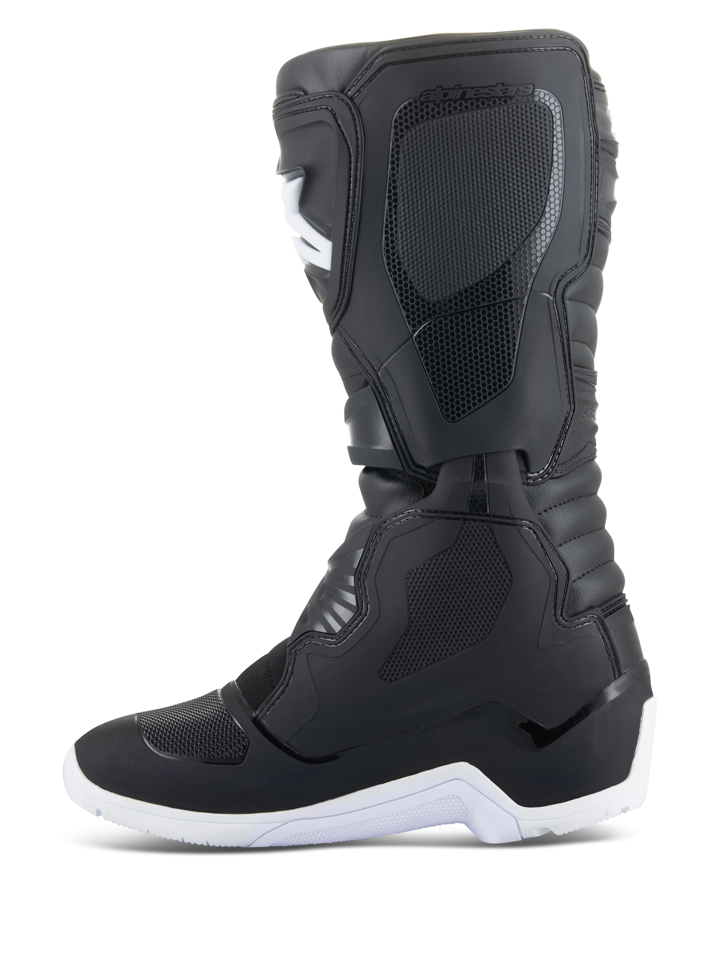 Alpinestars Tech 3 Enduro Waterproof laarzen, motorcross- en enduro-laarzen, zwart en wit, zijprofielaanzicht met getextureerde beschermende panelen, witte robuuste zool en waterdicht synthetisch bovenwerk voor off-road rijden