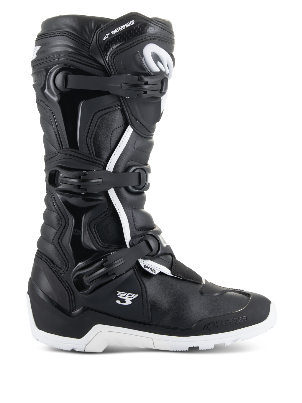 Alpinestars Tech 3 Enduro Waterproof motorlaarzen, zijaanzicht, zwart en wit, sluitsysteem met drie gespen, versterkte TPU-beschermingspanelen, robuuste witte zool, 'Tech 3' en 'Waterproof' branding, duurzame off-road en adventure motorlaarzen