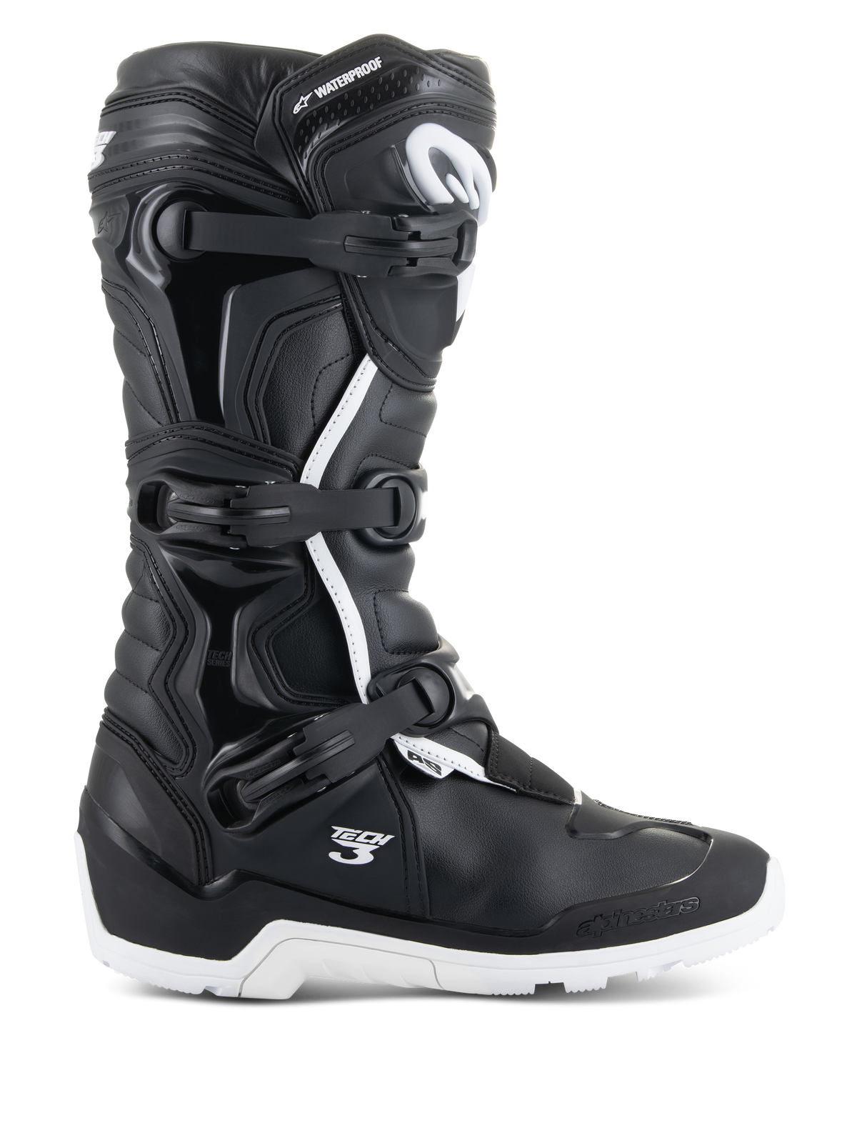 Alpinestars Tech 3 Enduro Waterproof Boots, motorlaarzen voor terreinrijden, zwart en wit, waterdichte constructie met meerdere gespen en riemen, versterkte teen, dikke geprofileerde zool voor grip, duurzaam design voor off-road gebruik