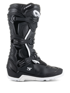 Alpinestars Tech 3 Enduro Waterproof motorlaarzen, zijaanzicht, zwart en wit, sluitsysteem met drie gespen, versterkte TPU-beschermingspanelen, robuuste witte zool, 'Tech 3' en 'Waterproof' branding, duurzame off-road en adventure motorlaarzen
