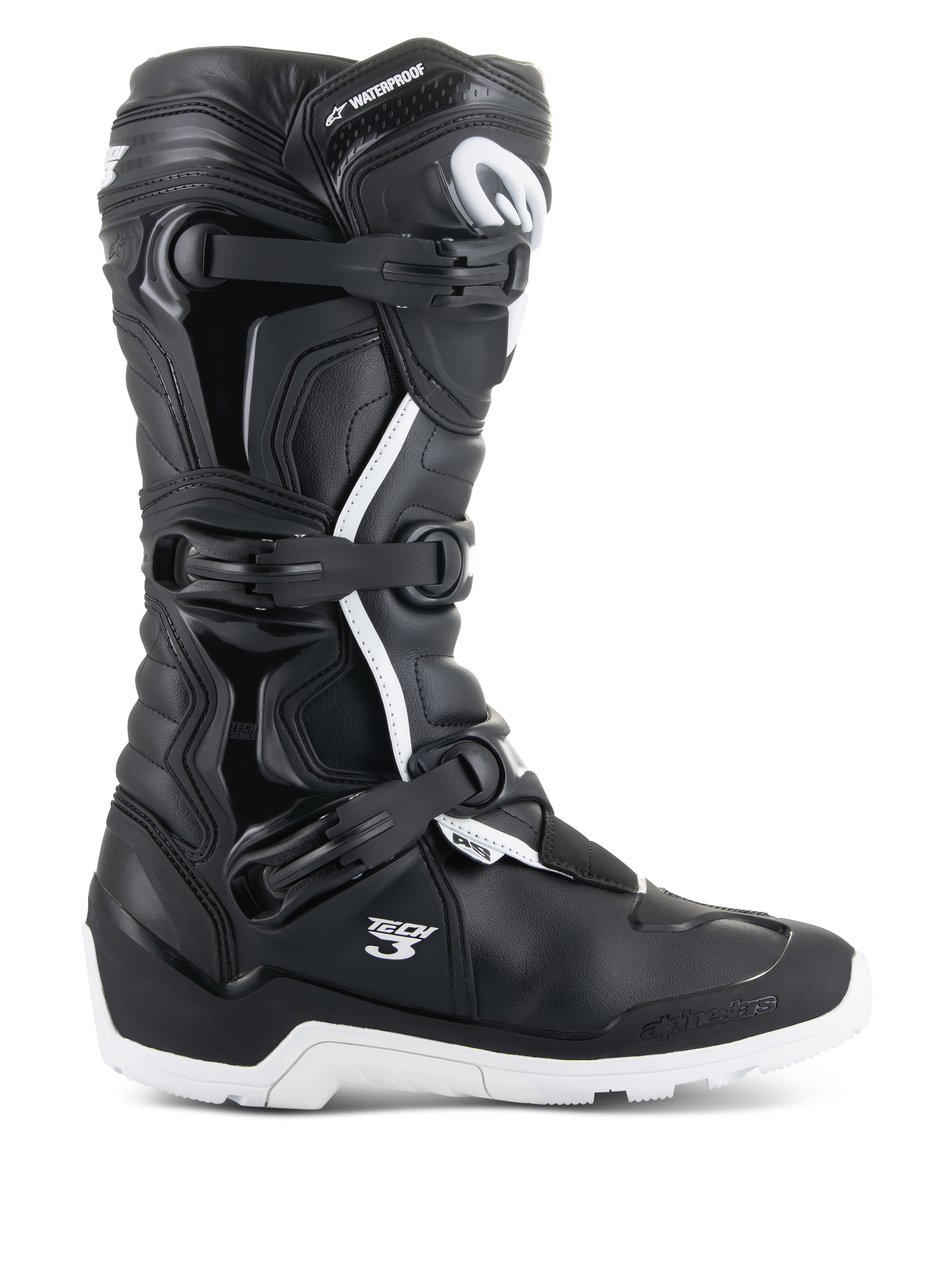 Alpinestars Tech 3 Enduro Waterproof motorlaarzen, zijaanzicht, zwart en wit, sluitsysteem met drie gespen, versterkte TPU-beschermingspanelen, robuuste witte zool, 'Tech 3' en 'Waterproof' branding, duurzame off-road en adventure motorlaarzen