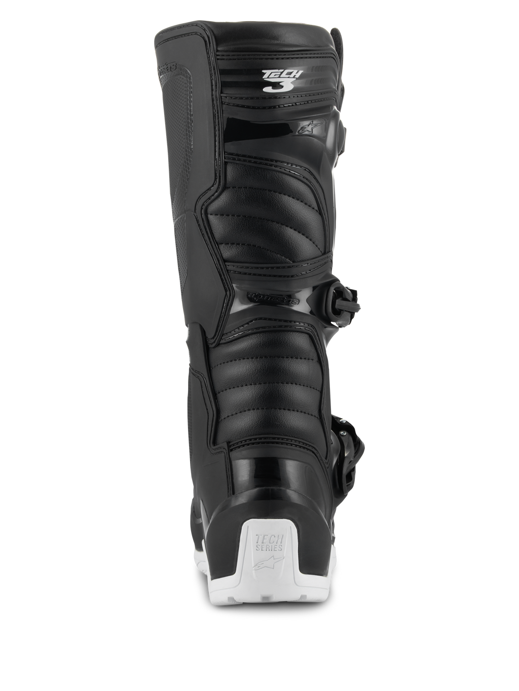 Alpinestars Tech 3 Enduro Waterproof laarzen, motorcross- en enduro-laarzen, zwart en wit, achteraanzicht met het Tech 3-logo op de kuit, accordeon-stijl flexpanelen en een witte hielbeschermer met Tech Series-branding, ontworpen voor off-road en adventure-rijden