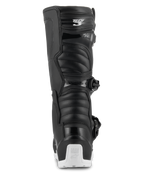 Alpinestars Tech 3 Enduro Waterproof laarzen, motorcross- en enduro-laarzen, zwart en wit, achteraanzicht met het Tech 3-logo op de kuit, accordeon-stijl flexpanelen en een witte hielbeschermer met Tech Series-branding, ontworpen voor off-road en adventure-rijden