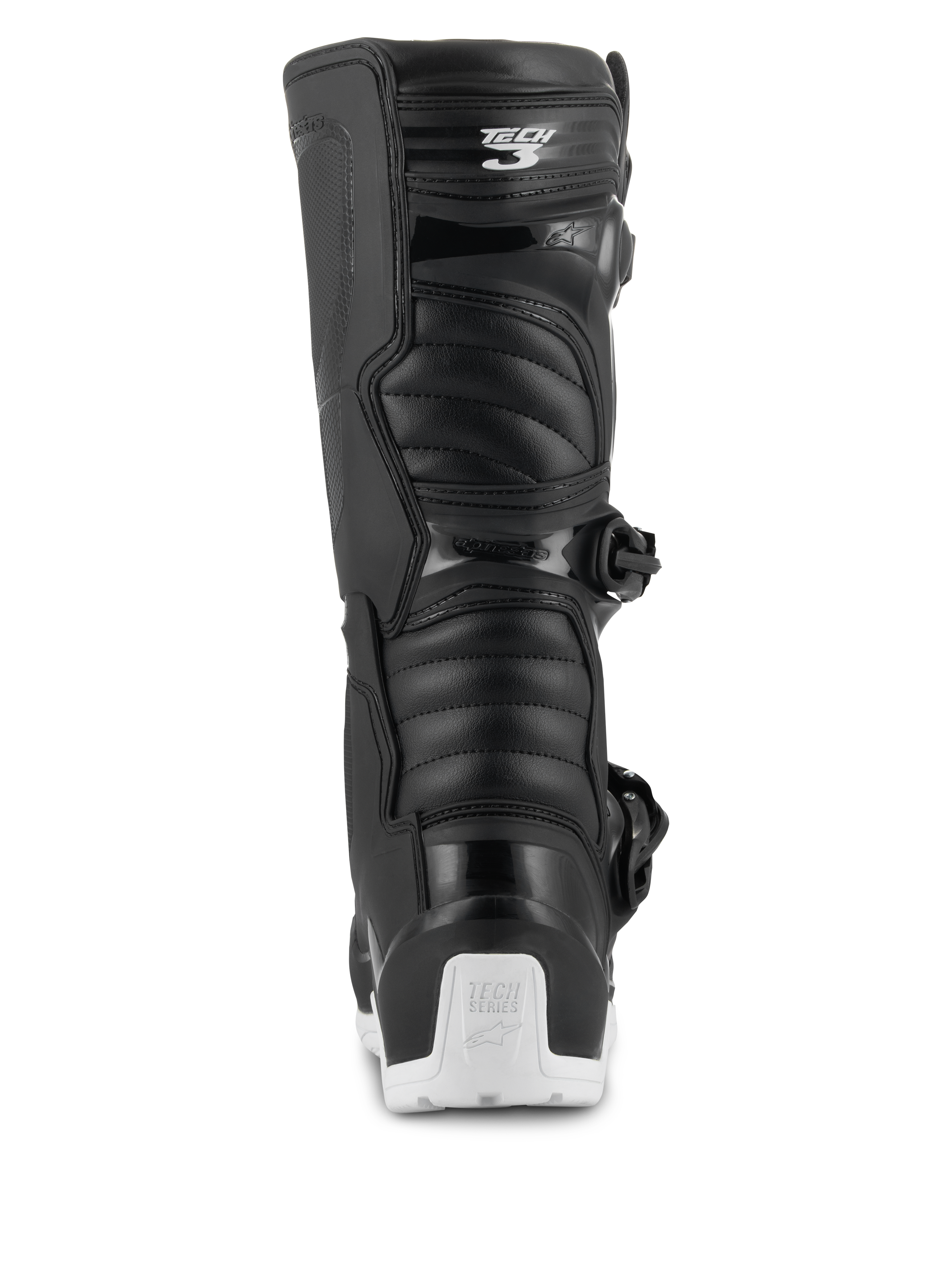 Alpinestars Tech 3 Enduro Waterproof laarzen, motorcross- en enduro-laarzen, zwart en wit, achteraanzicht met het Tech 3-logo op de kuit, accordeon-stijl flexpanelen en een witte hielbeschermer met Tech Series-branding, ontworpen voor off-road en adventure-rijden