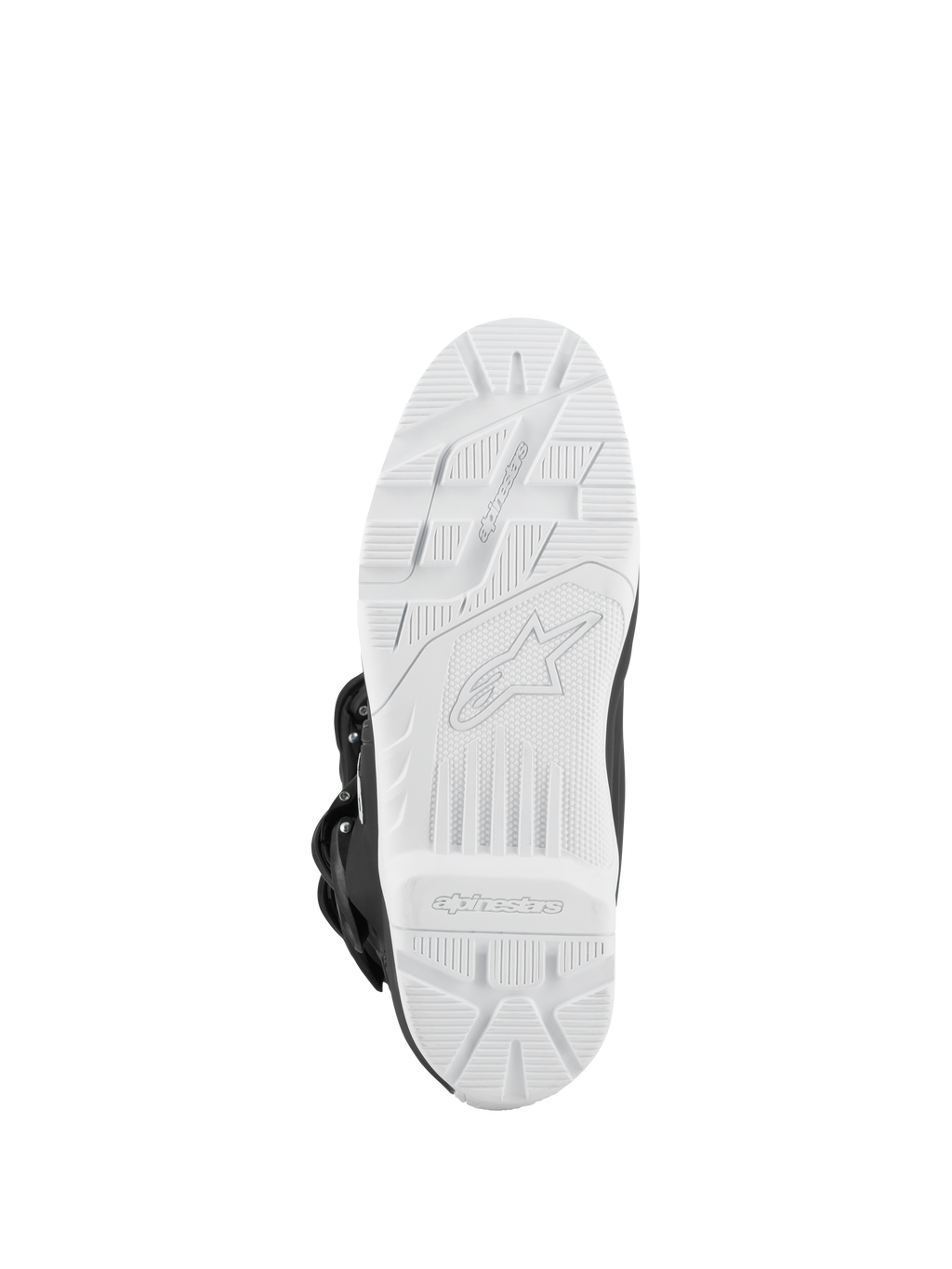 Alpinestars Tech 3 Enduro Waterproof laarzen, zwart en wit, onderaanzicht van de witte profielzool met hoge grip, off-road tractiepatroon met logo in reliëf, duurzame buitenzool ontworpen voor motorcross- en enduro-prestaties