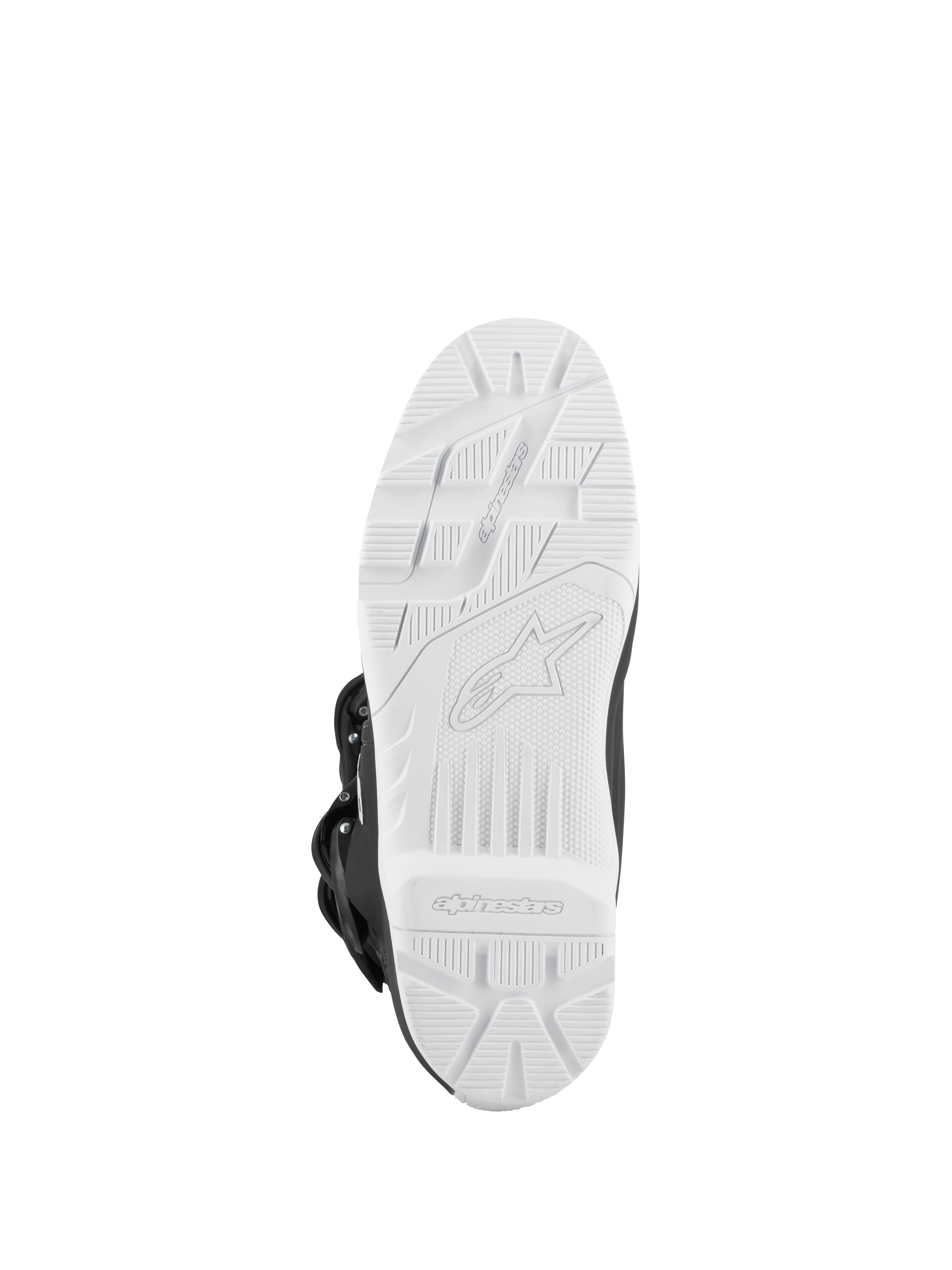 Alpinestars Tech 3 Enduro Waterproof laarzen, zwart en wit, onderaanzicht van de witte profielzool met hoge grip, off-road tractiepatroon met logo in reliëf, duurzame buitenzool ontworpen voor motorcross- en enduro-prestaties