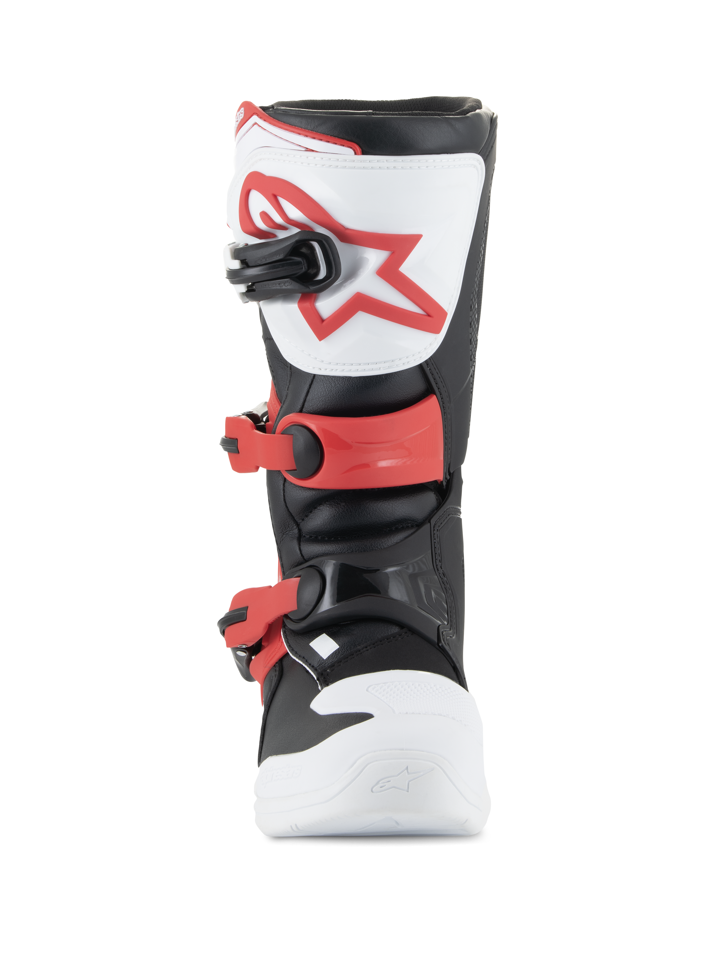 Alpinestars Youth Tech 3S Boots, Motocross Boots, White Black and Bright Red, front view showing TPU shin plate with red logo, adjustable red buckles, and durable microfiber construction for junior riders