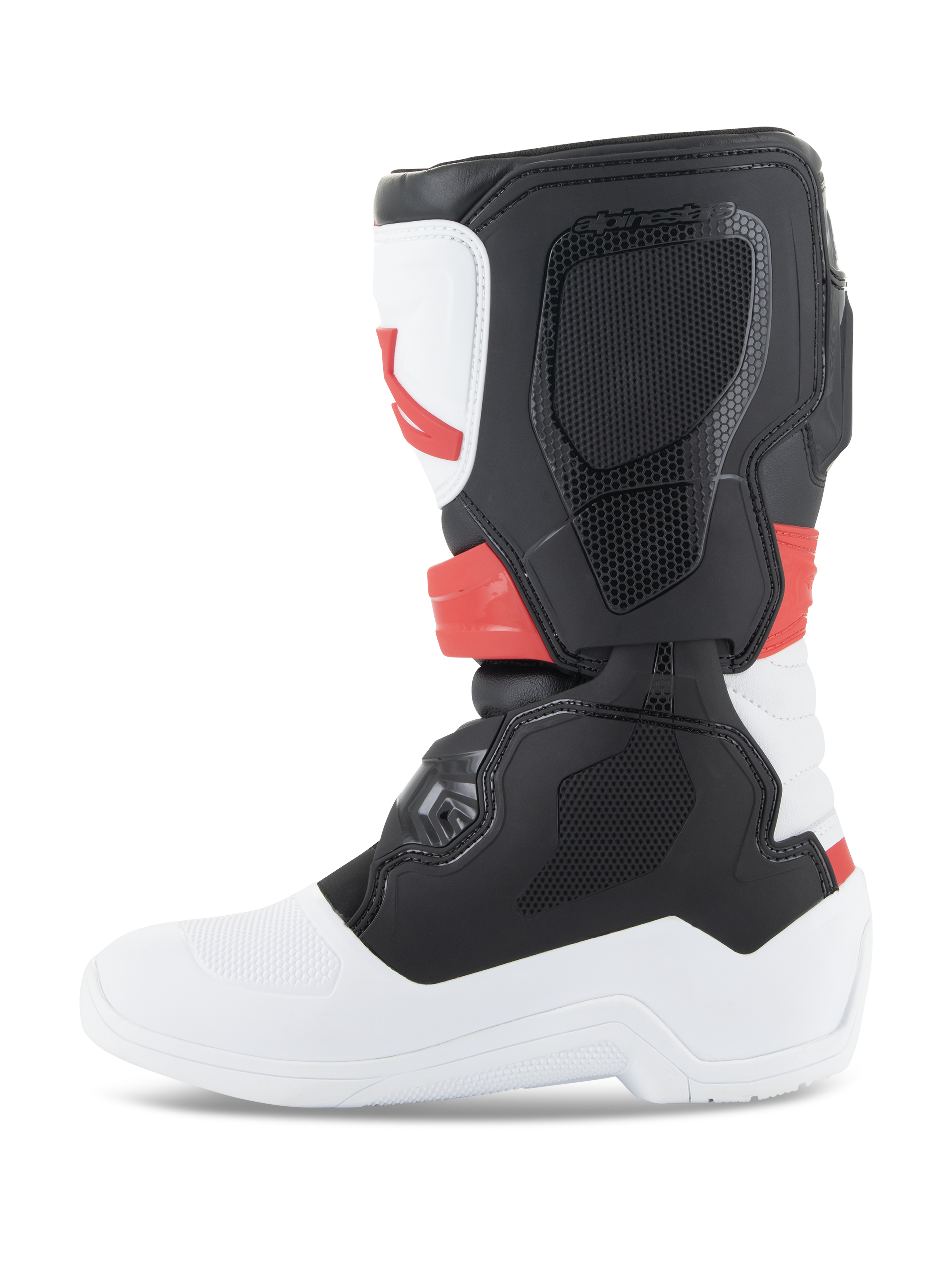 Alpinestars Youth Tech 3S Boots, Motocross Boots, White Black and Bright Red, side profile view, featuring durable TPU protective panels and microfiber upper, white sole and toe with black calf section and bright red accents, protective off-road footwear for young riders