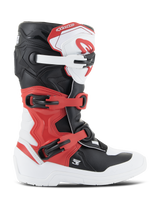 Alpinestars Youth Tech 3S laarzen, motorcrosslaarzen, wit, zwart en felrood, zijaanzicht, voorzien van een sluitingssysteem met meerdere gespen, versterkte scheenplaat en duurzame witte zool, junior off-road beschermende uitrusting