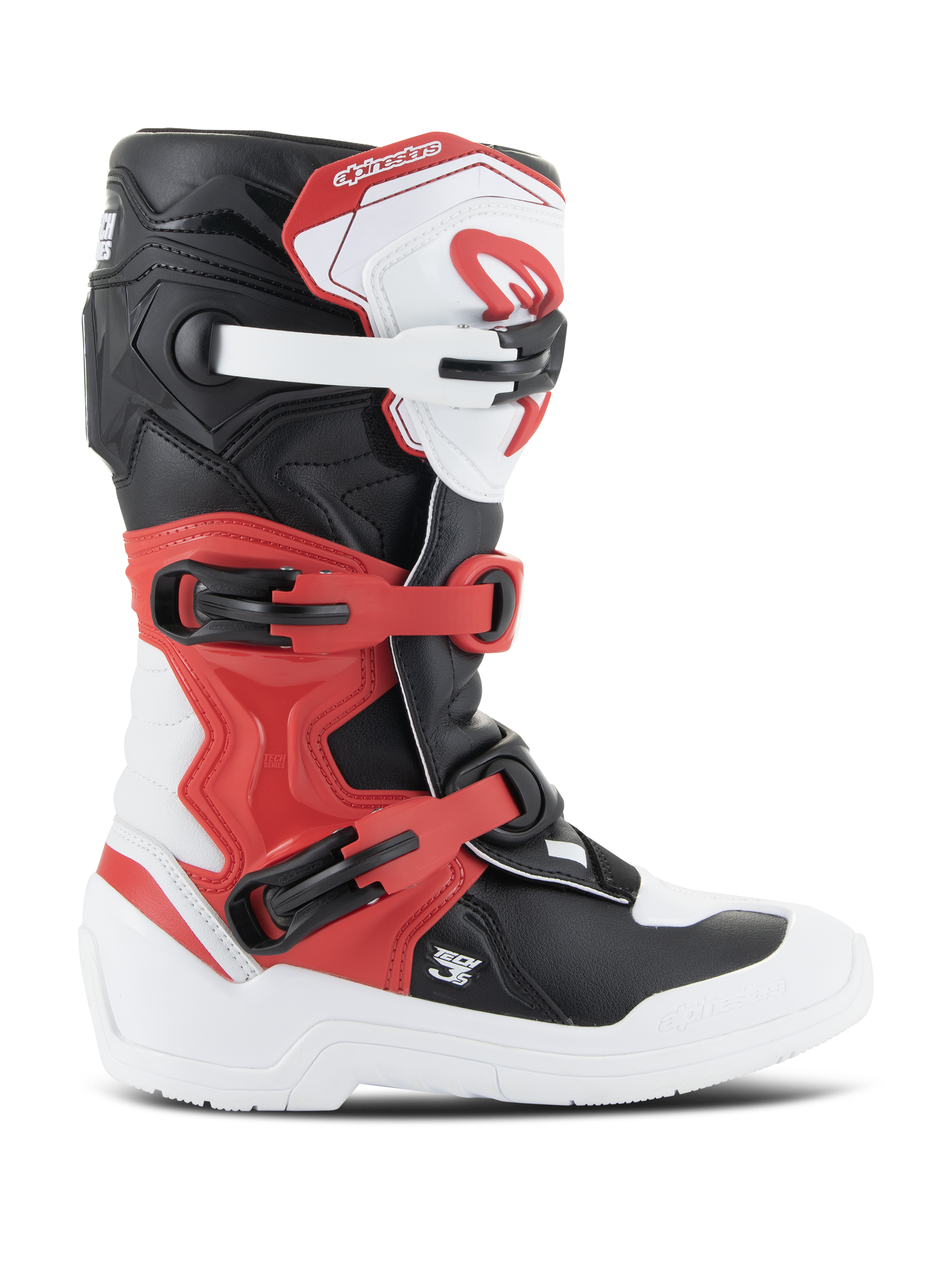 Alpinestars Youth Tech 3S laarzen, motorcrosslaarzen, wit, zwart en felrood, zijaanzicht, voorzien van een sluitingssysteem met meerdere gespen, versterkte scheenplaat en duurzame witte zool, junior off-road beschermende uitrusting
