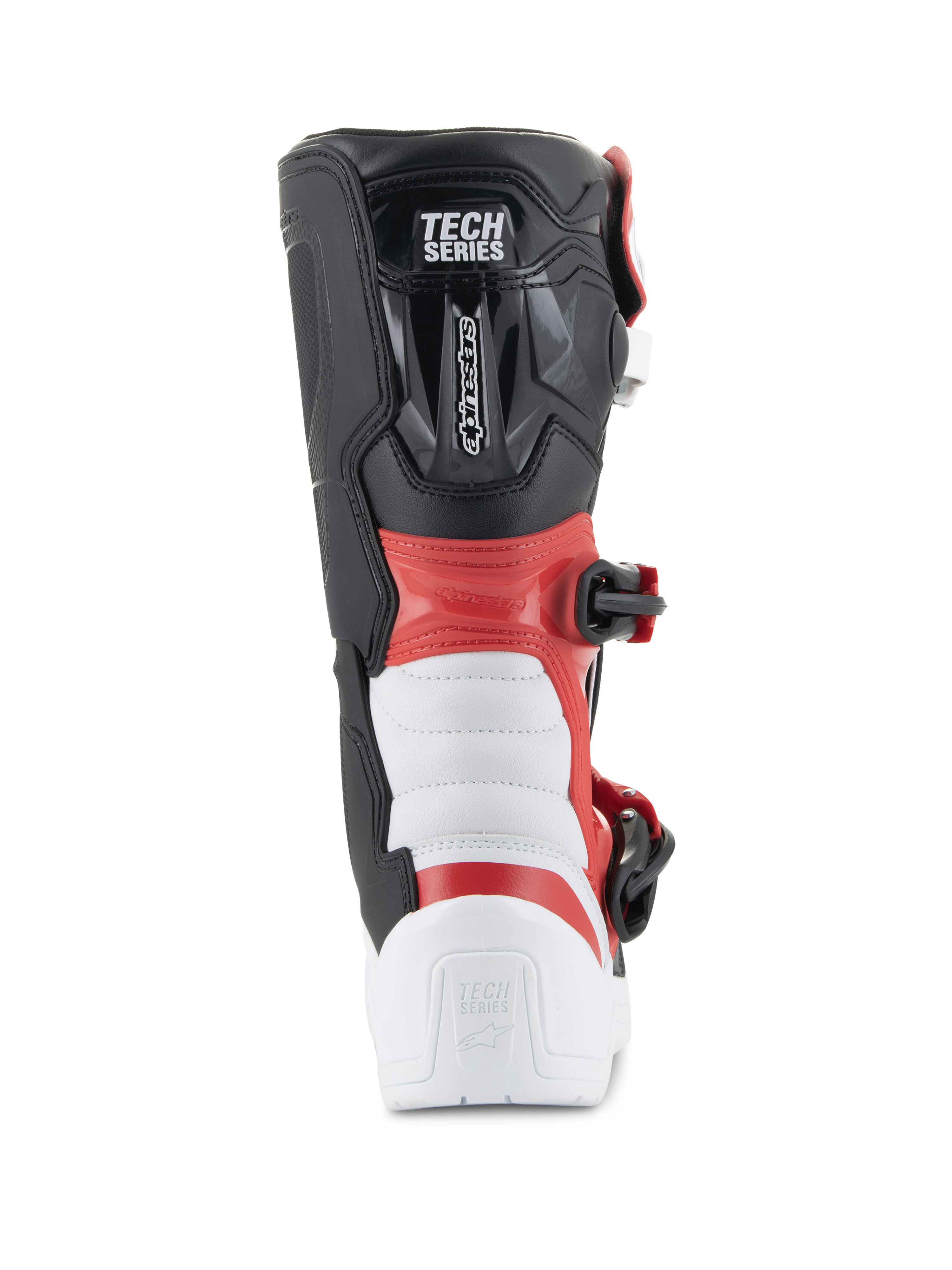 Alpinestars Youth Tech 3S Boots, Motocross Boots, White Black and Bright Red, rear view showing 'TECH SERIES' branding, reinforced heel and calf protection, durable microfiber construction for off-road racing