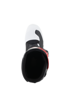 Alpinestars Youth Tech 3S Boots, Motocross Boots, White Black and Bright Red, top-down view looking into the boot opening, featuring a white toe box with black accents and red strap detail, designed for youth riders.