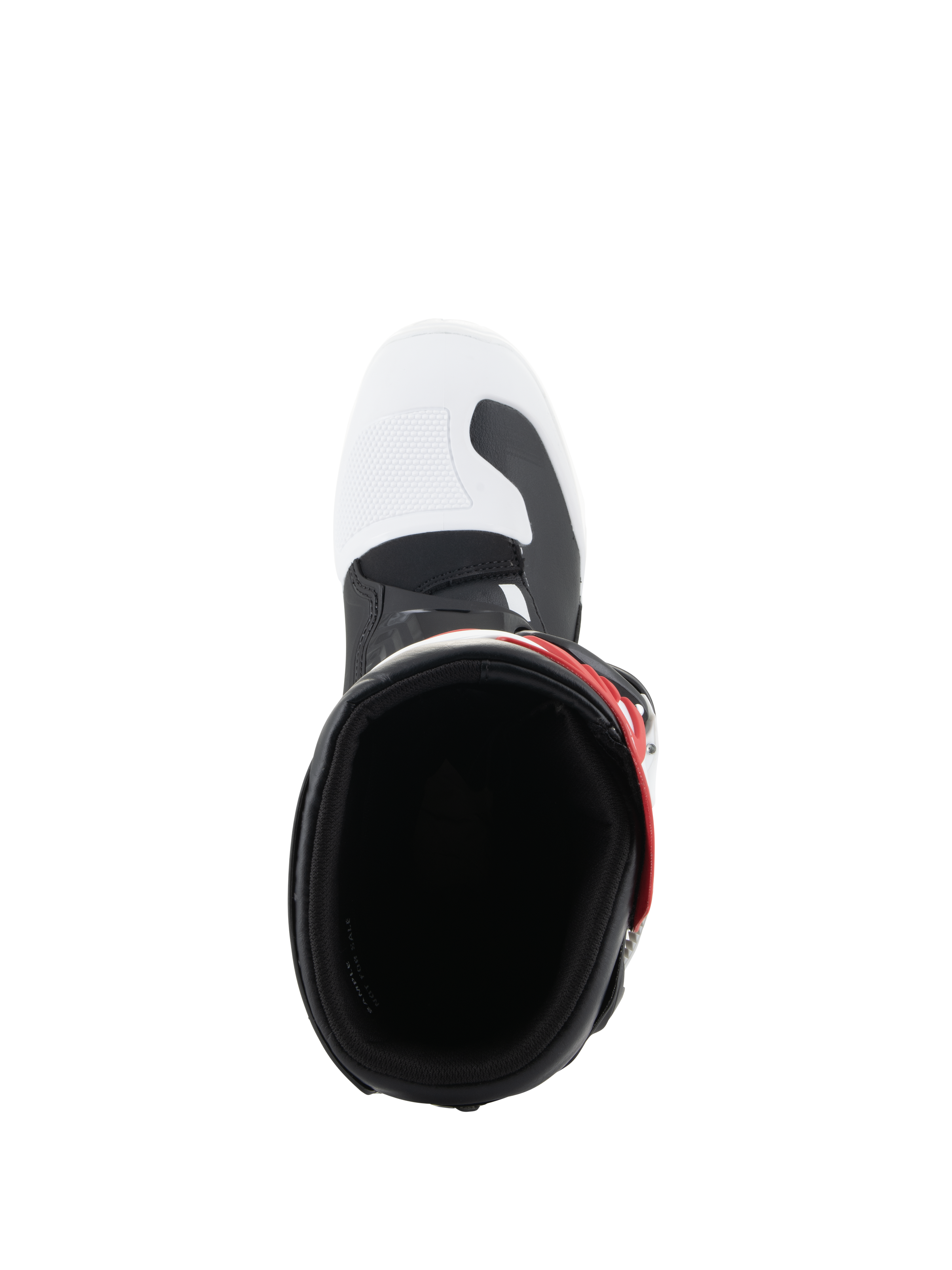 Alpinestars Youth Tech 3S Boots, Motocross Boots, White Black and Bright Red, top-down view looking into the boot opening, featuring a white toe box with black accents and red strap detail, designed for youth riders.