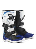 Alpinestars Youth Tech 3S motorlaarzen, motorcrosslaarzen, wit, zwart en emaille blauw, voorzien van een meervoudig gespsluitingssysteem, gripzones met textuur en witte zolen, duurzame beschermende laarzen voor jonge rijders