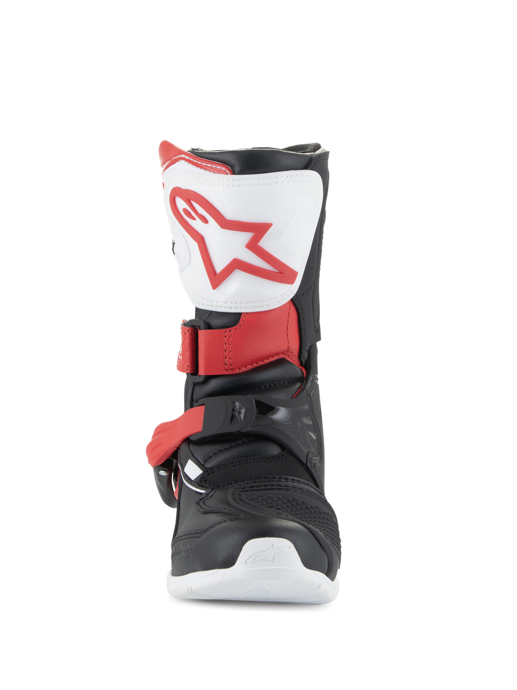 Alpinestars Kids Tech 3S laarzen, motorcrosslaarzen, wit, zwart en helderrood, vooraanzicht met witte scheenplaat en rood logo, zwart chassis met rode gespriemen, beschermend off-road schoeisel voor jonge rijders