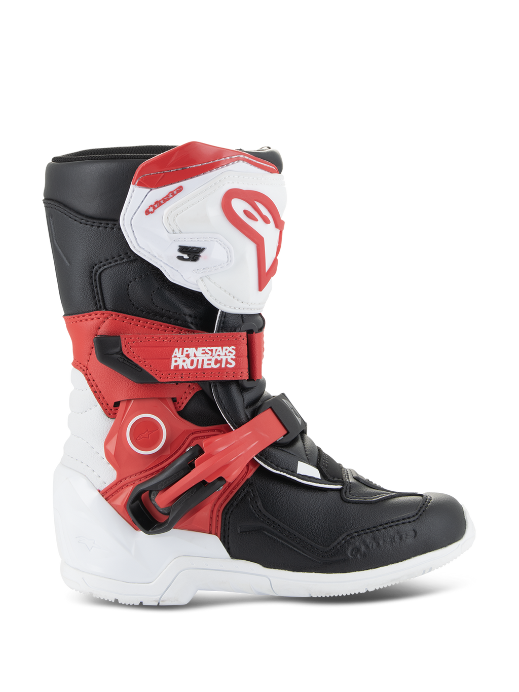 Alpinestars Kids Tech 3S laarzen, jeugd motorcrosslaarzen, wit, zwart en felrood, hoog enkelbeschermingsontwerp, verstelbare rode riemen, witte scheenplaat met rood logo, duurzame witte buitenzool
