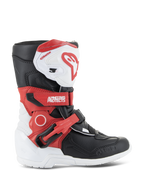 Alpinestars Kids Tech 3S laarzen, jeugd motorcrosslaarzen, wit, zwart en felrood, hoog enkelbeschermingsontwerp, verstelbare rode riemen, witte scheenplaat met rood logo, duurzame witte buitenzool