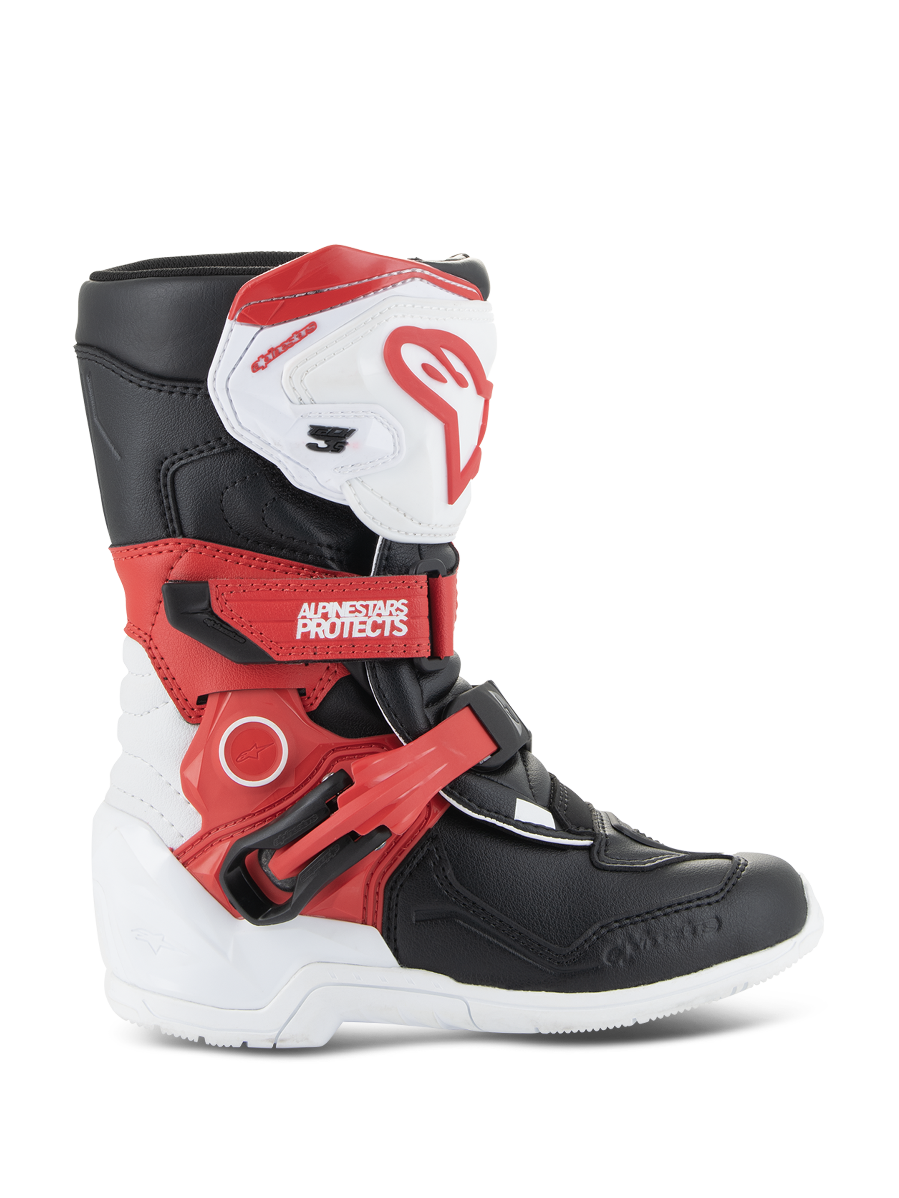 Alpinestars Kids Tech 3S laarzen, jeugd motorcrosslaarzen, wit, zwart en felrood, hoog enkelbeschermingsontwerp, verstelbare rode riemen, witte scheenplaat met rood logo, duurzame witte buitenzool