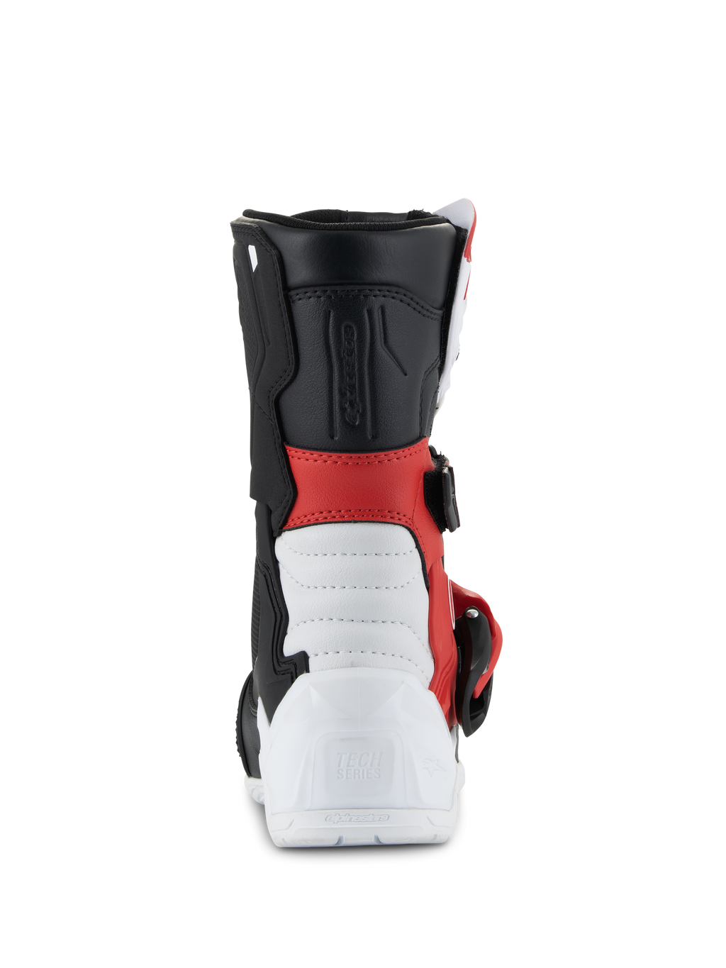 Alpinestars Kids Tech 3S laarzen, motocrosslaarzen, wit, zwart en felrood, achteraanzicht met witte versterkte hiel met Tech Series-logo in reliëf, rood middengedeelte, zwarte bovenrand en gespdetail aan de zijkant, beschermend off-road schoeisel