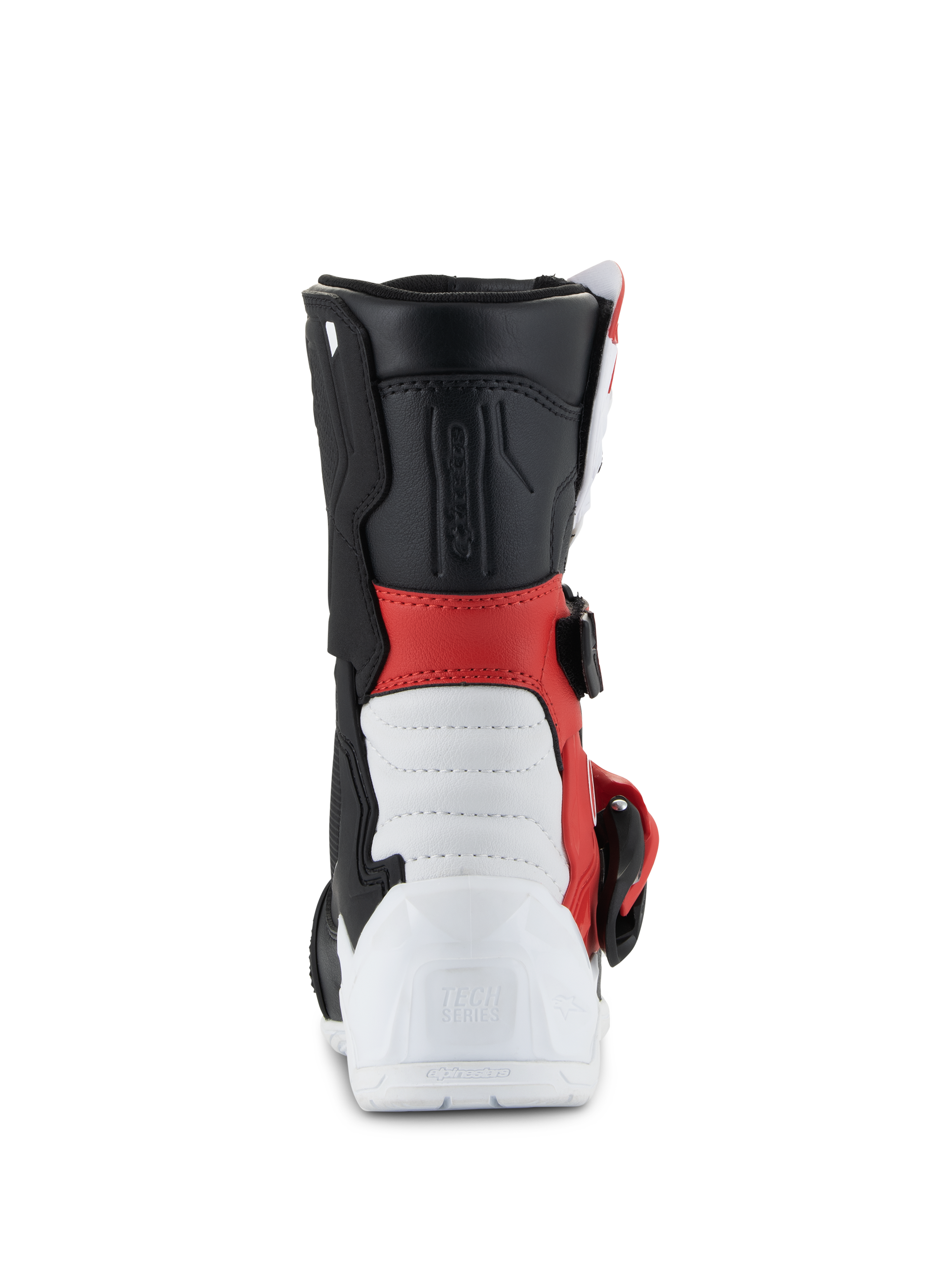 Alpinestars Kids Tech 3S laarzen, motocrosslaarzen, wit, zwart en felrood, achteraanzicht met witte versterkte hiel met Tech Series-logo in reliëf, rood middengedeelte, zwarte bovenrand en gespdetail aan de zijkant, beschermend off-road schoeisel