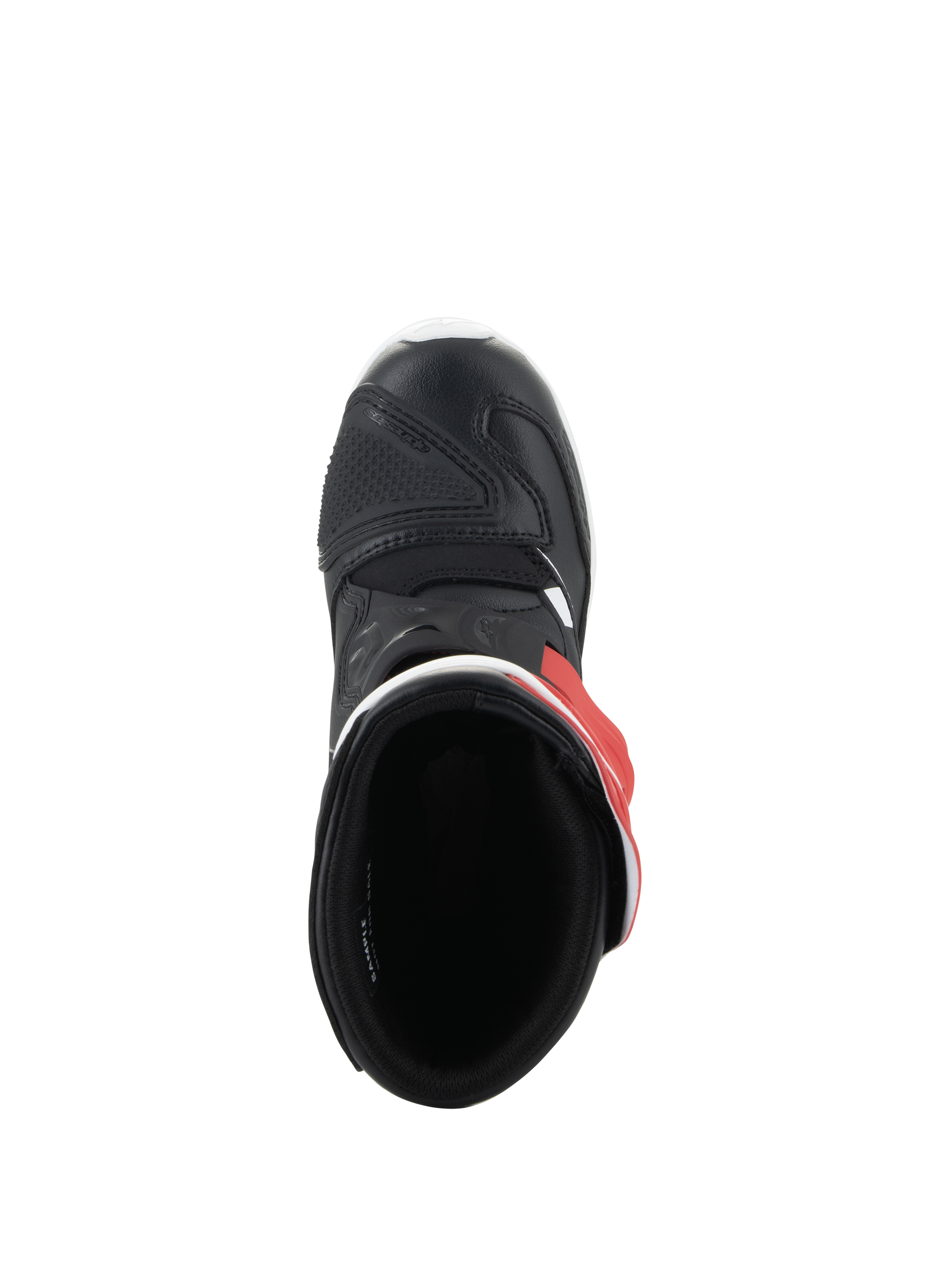 Alpinestars Kids Tech 3S laarzen, motorcrosslaarzen, wit, zwart en felrood, bovenaanzicht met de binnenkant en de zwarte microvezel neus, beschermend schoeisel voor jonge off-road rijders
