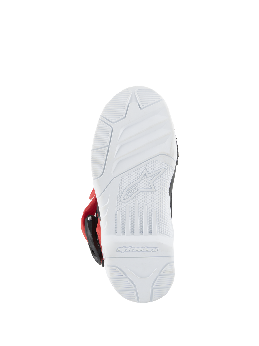 Alpinestars Kids Tech 3S laarzen, motorcrosslaarzen, wit, zwart en felrood, onderaanzicht van de witte rubberen zool met Alpinestars-logo in reliëf en grippatroon voor off-road racen