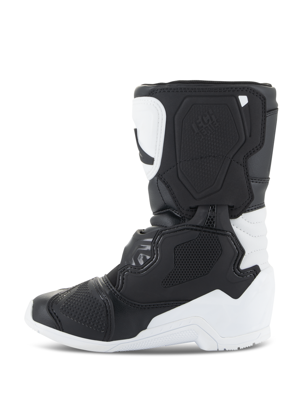Alpinestars Kids Tech 3S Boots, Motocross Boots, White and Black, side profile view highlighting protective TPU plates, sturdy microfiber construction, and multi-panel design for young dirt bike riders.