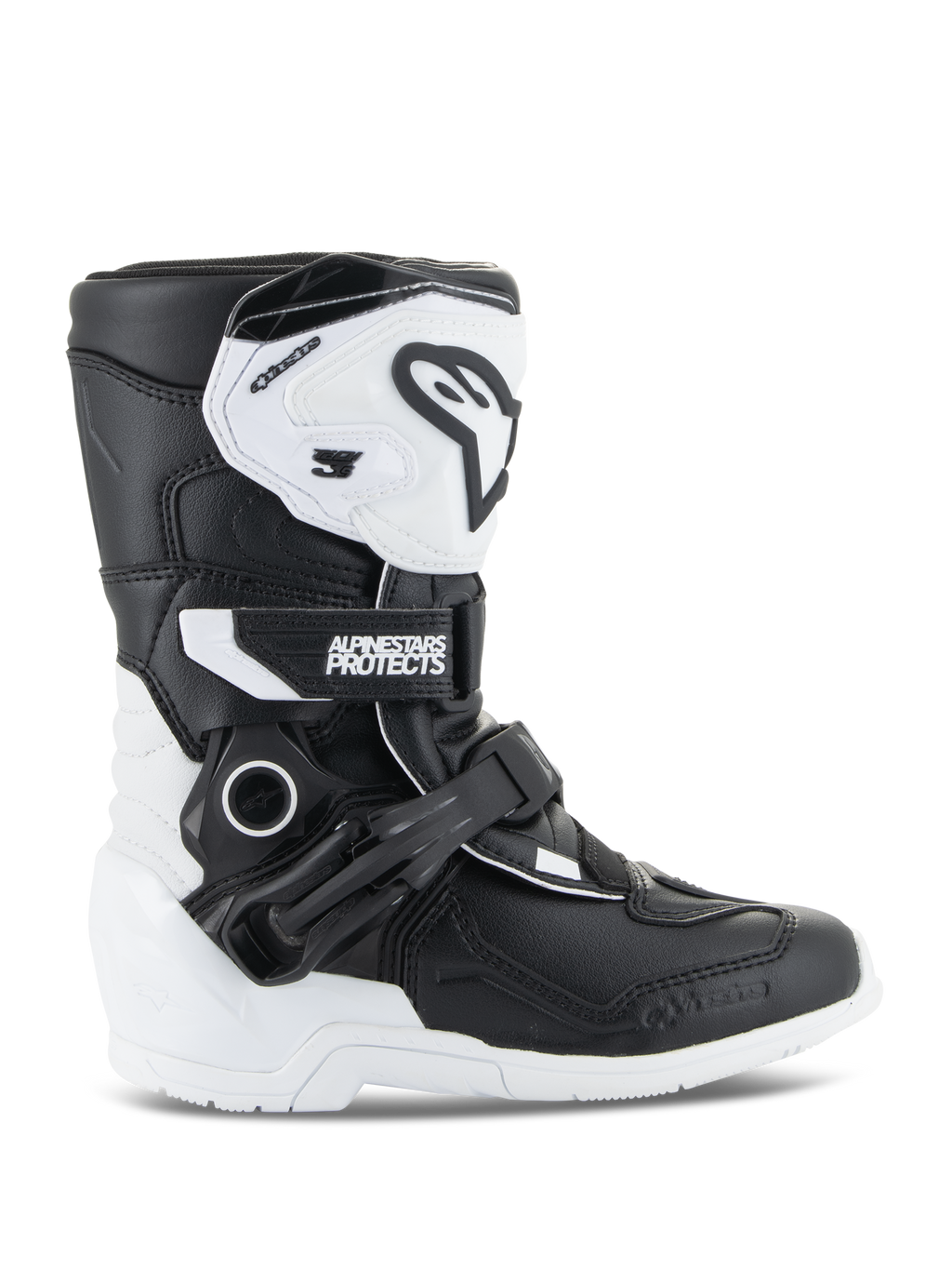 Alpinestars Kids Tech 3S Boots, Youth Motocross Boots, White and Black, lateral view showing high-top design, buckle and strap closure system, protective TPU shin plate and white sole, off-road motorcycle footwear for kids