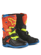 Alpinestars Kids Tech 3S laarzen, motorcrosslaarzen, fluor oranje, email blauw en fluor geel met zwart, voorzien van klittenbandsluitingen, TPU-scheenplaat en duurzame rubberen zolen voor off-road rijden door de jeugd