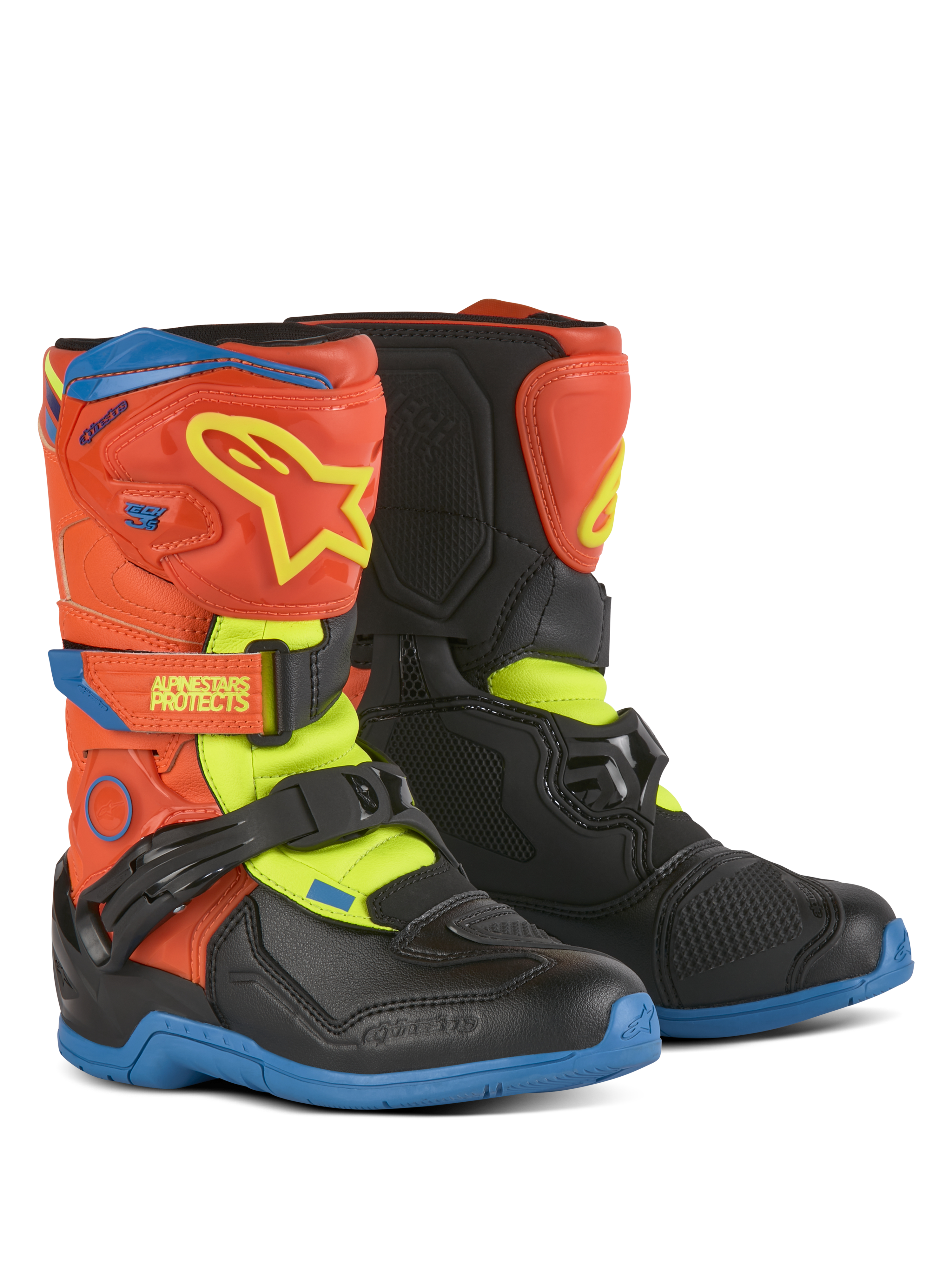 Alpinestars Kids Tech 3S laarzen, motorcrosslaarzen, fluor oranje, email blauw en fluor geel met zwart, voorzien van klittenbandsluitingen, TPU-scheenplaat en duurzame rubberen zolen voor off-road rijden door de jeugd