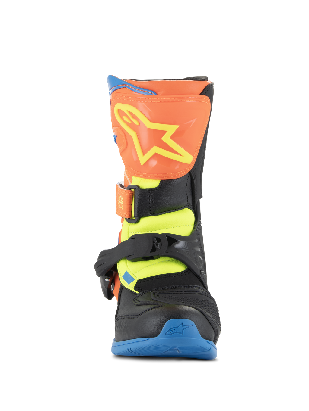 Alpinestars Tech 3S Kids laarzen, motorcrosslaarzen, fluo oranje, Enamel Blue en fluo geel, vooraanzicht met een oranje scheenplaat met een geel sterlogo, zwarte gespsluitingen en een blauwe zool, beschermend off-road schoeisel voor jonge rijders
