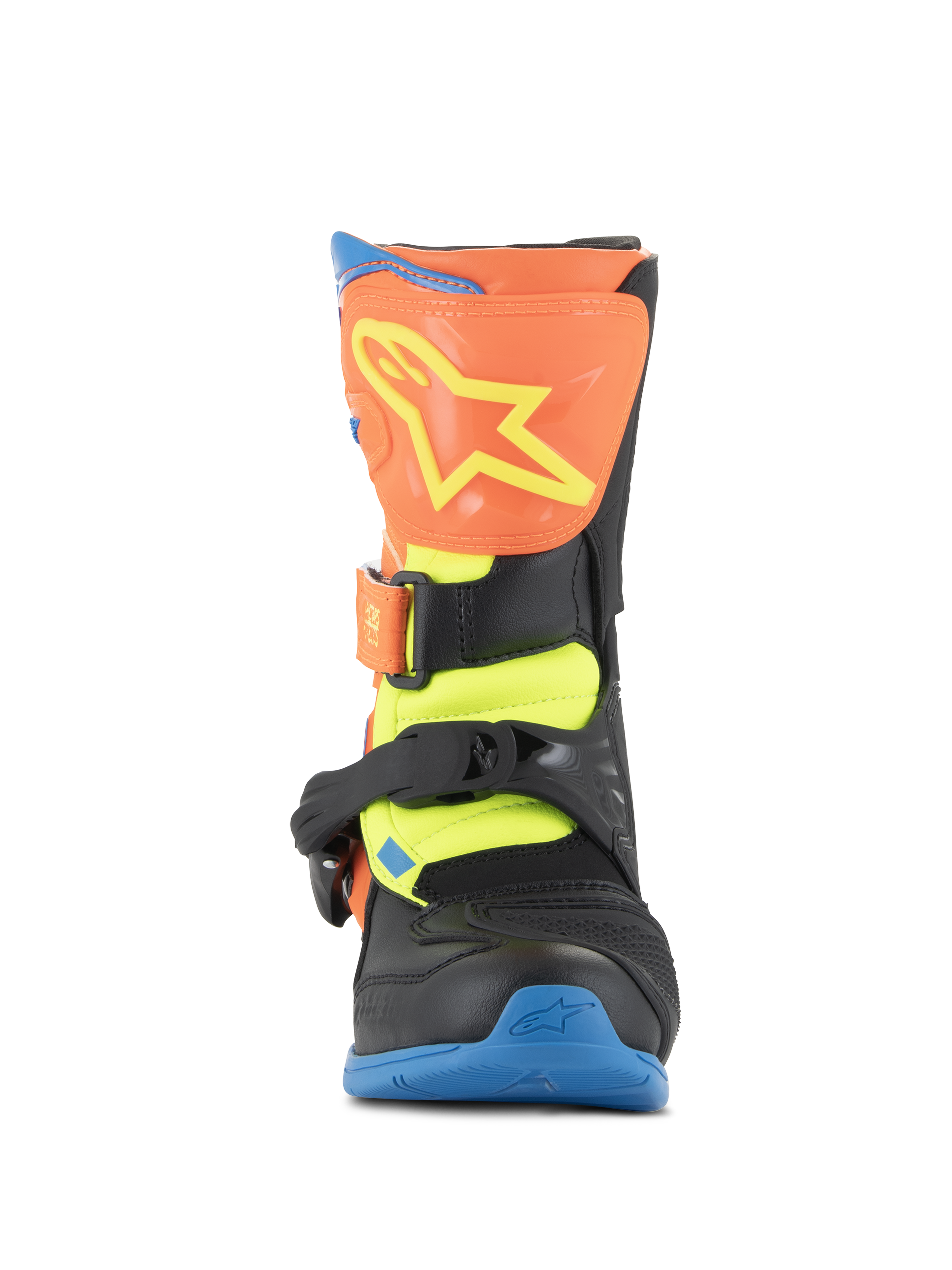 Alpinestars Tech 3S Kids laarzen, motorcrosslaarzen, fluo oranje, Enamel Blue en fluo geel, vooraanzicht met een oranje scheenplaat met een geel sterlogo, zwarte gespsluitingen en een blauwe zool, beschermend off-road schoeisel voor jonge rijders