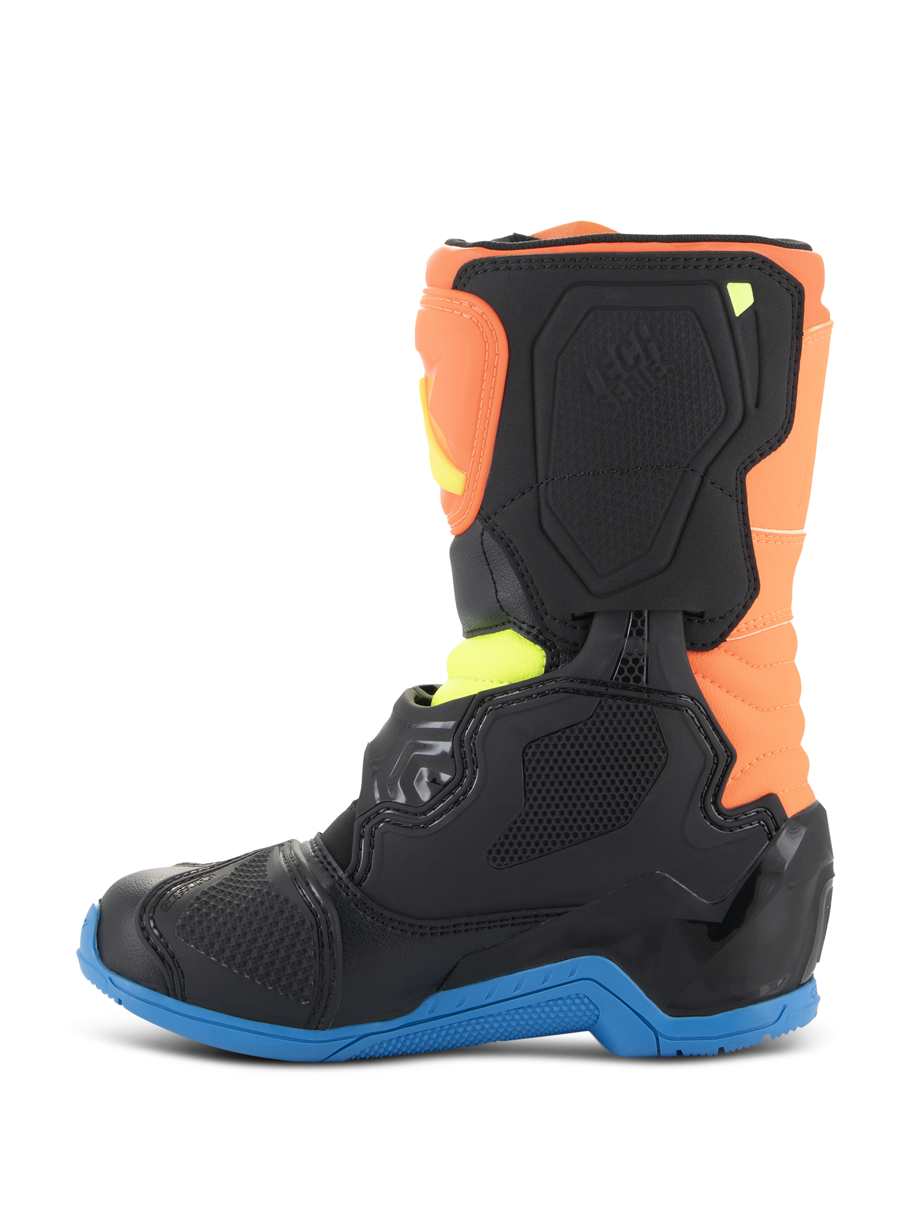 Alpinestars Kids Tech 3S laarzen, motorcrosslaarzen, fluo oranje, enamel blauw en fluo geel, zijaanzicht met zwarte beschermpanelen, een blauwe zool en oranje bovenkant, ontworpen voor off-road racing voor de jeugd