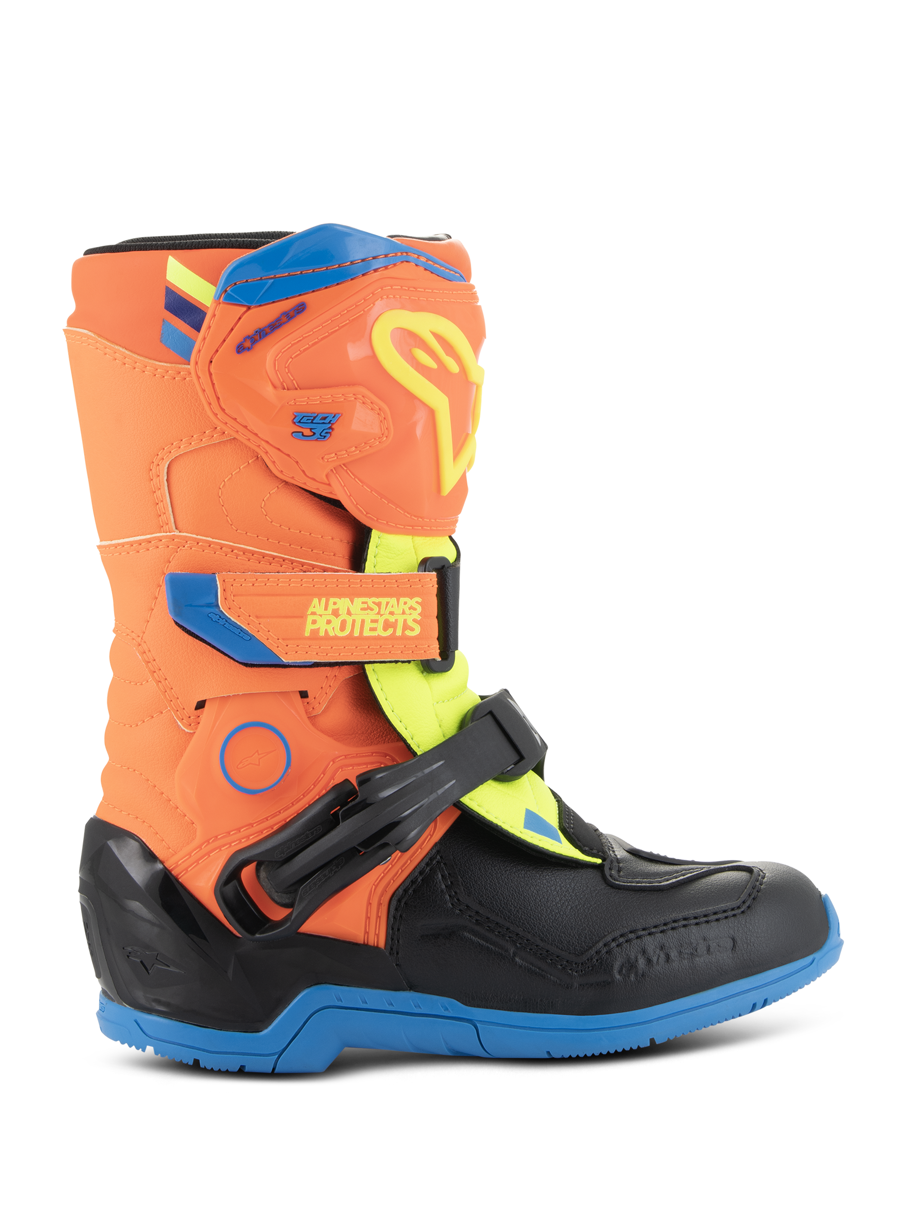 Alpinestars Kids Tech 3S laarzen, jeugd motorcrosslaarzen, neonoranje, blauw en neongeel, met een beschermende TPU-scheenplaat, verstelbare klittenbandsluitingen en een duurzame blauwe rubberen zool, ontworpen voor off-road racing