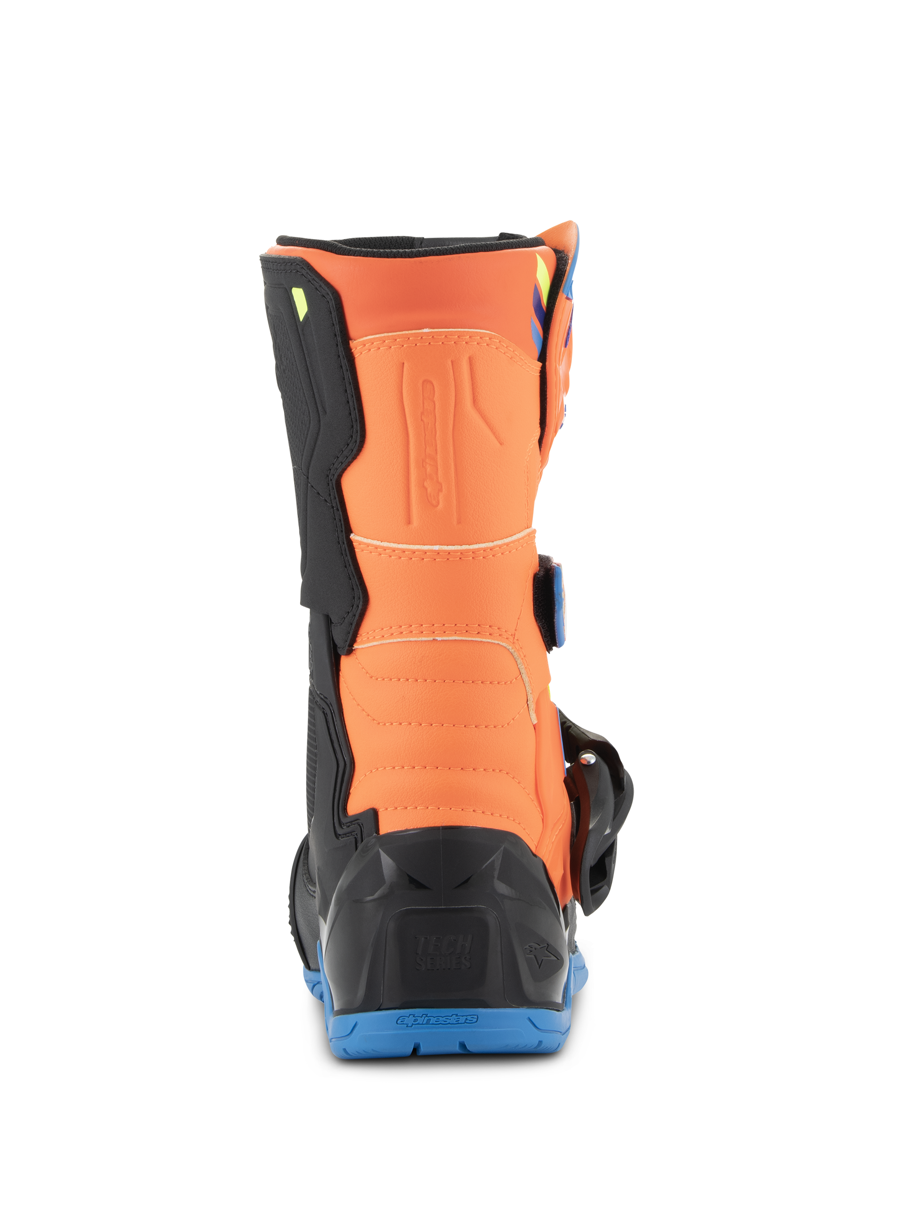 Alpinestars Kids Tech 3S laarzen, jeugd motorcrosslaarzen, oranje fluo en emaille blauw, achteraanzicht met het oranje kuitpaneel, zwarte hielbeschermer en blauwe rubberen buitenzool
