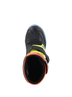 Alpinestars Kids Tech 3S laarzen, motorcrosslaarzen, Orange Fluo, Enamel Blue en Yellow Fluo, bovenaanzicht met inkijk in de gevoerde opening, zwarte microfiber neus en gespsluiting.