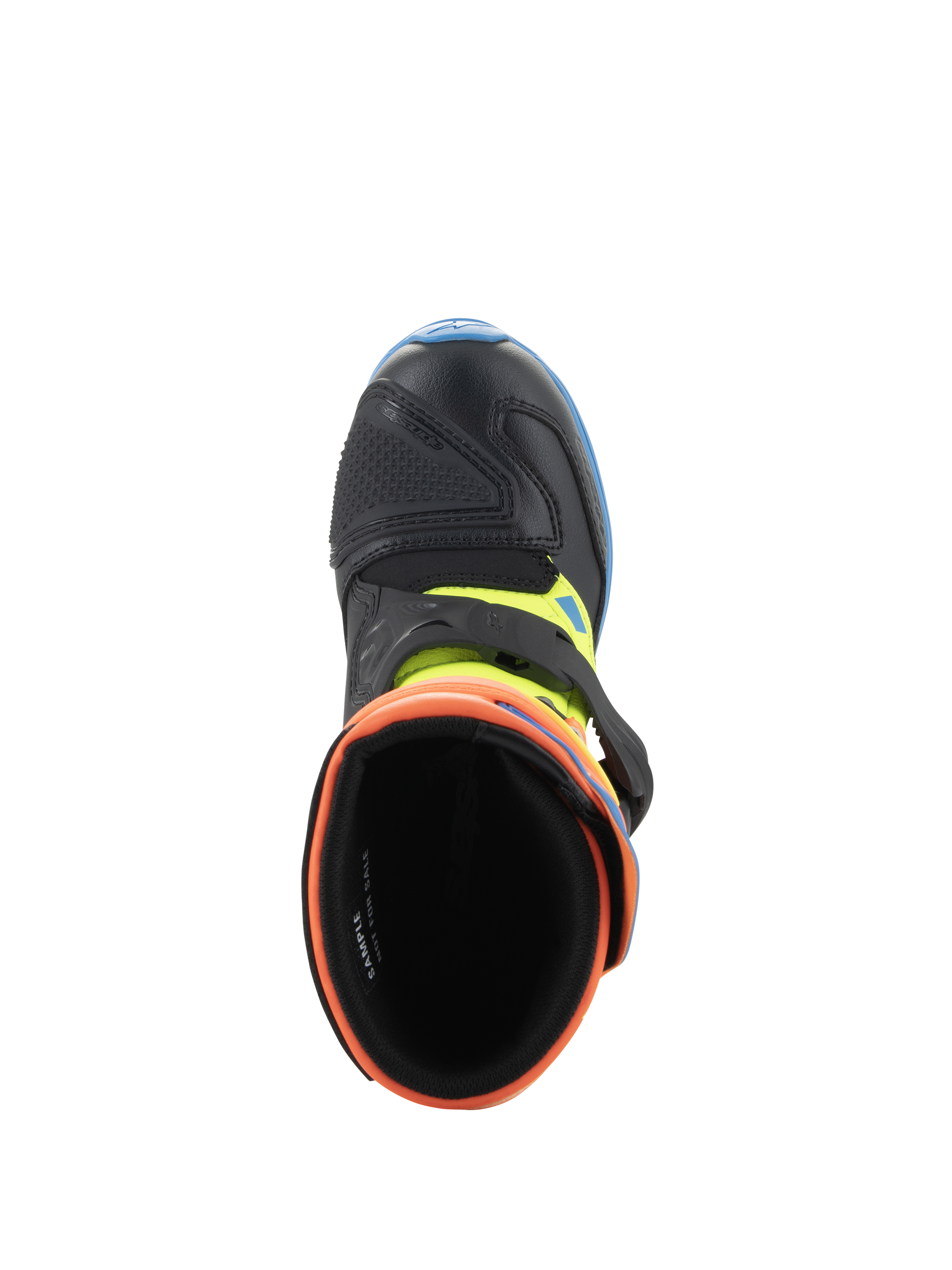 Alpinestars Kids Tech 3S laarzen, motorcrosslaarzen, Orange Fluo, Enamel Blue en Yellow Fluo, bovenaanzicht met inkijk in de gevoerde opening, zwarte microfiber neus en gespsluiting.