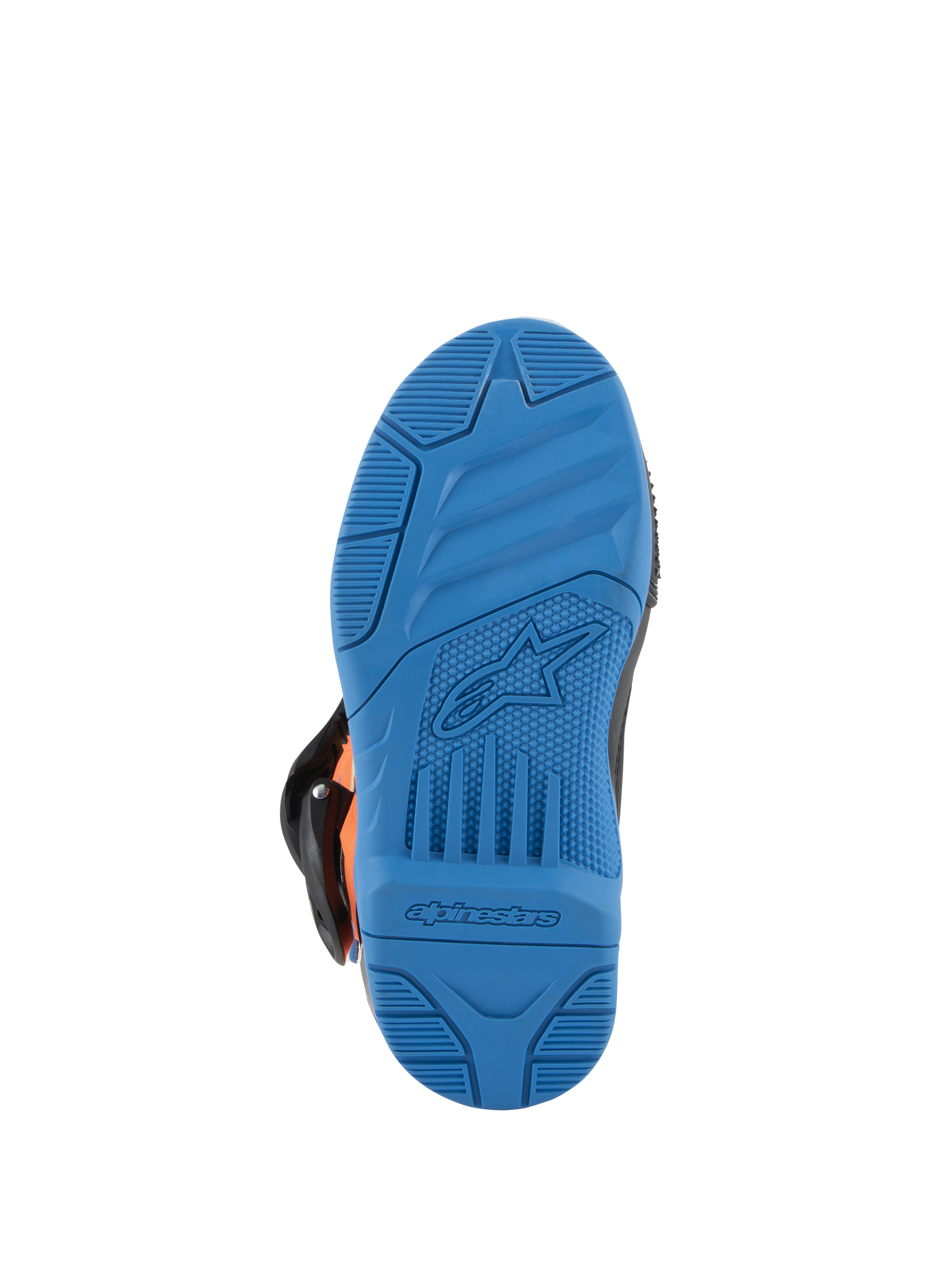 Alpinestars Kids Tech 3S laarzen, motorcrosslaarzen, onderaanzicht van de Enamel Blue zool, rubberen buitenzool met hoge grip en getextureerde grippatronen, voorzien van Alpinestars sterlogo en woordmerk in reliëf, duurzaam off-road schoeiselontwerp