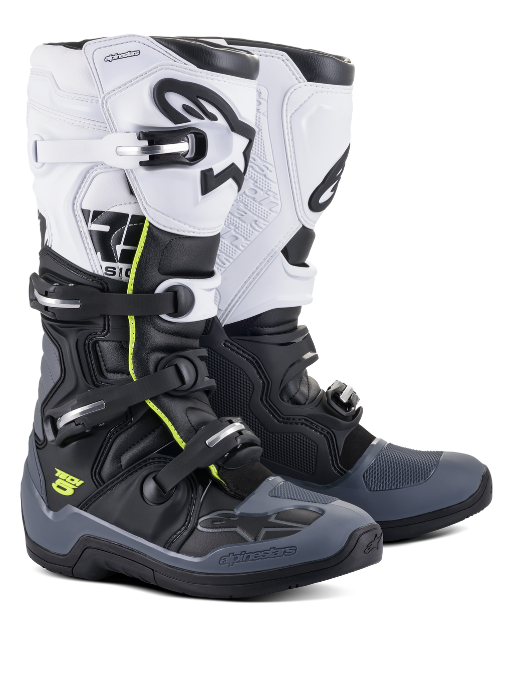 Alpinestars Tech 5-laarzen, motocross- en off-road laarzen, zwart, donkergrijs en wit, met neongele accenten, sluitingssysteem met vier gespen, wit bovenpaneel met zwart Astars-logo, donkergrijze teen- en hielbescherming en duurzame microvezelconstructie